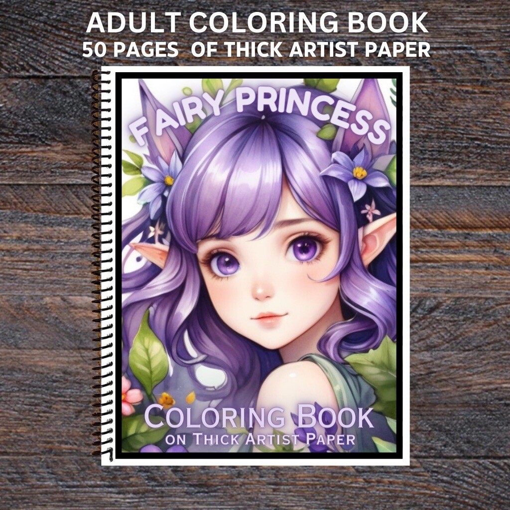 Fairy Princess Spiral Bound Adult Coloring Book – Thick Artist Paper – 50 pages