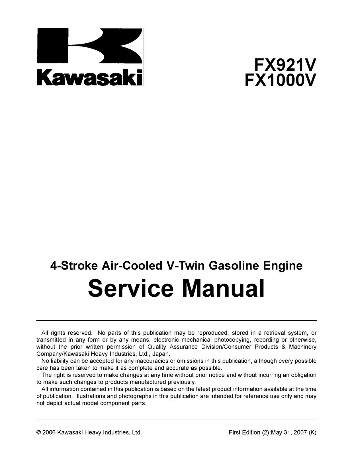 KAWASAKI FX921V FX1000V GAS ENGINE SERVICE MANUAL FASTENED – TOUGH COVERED