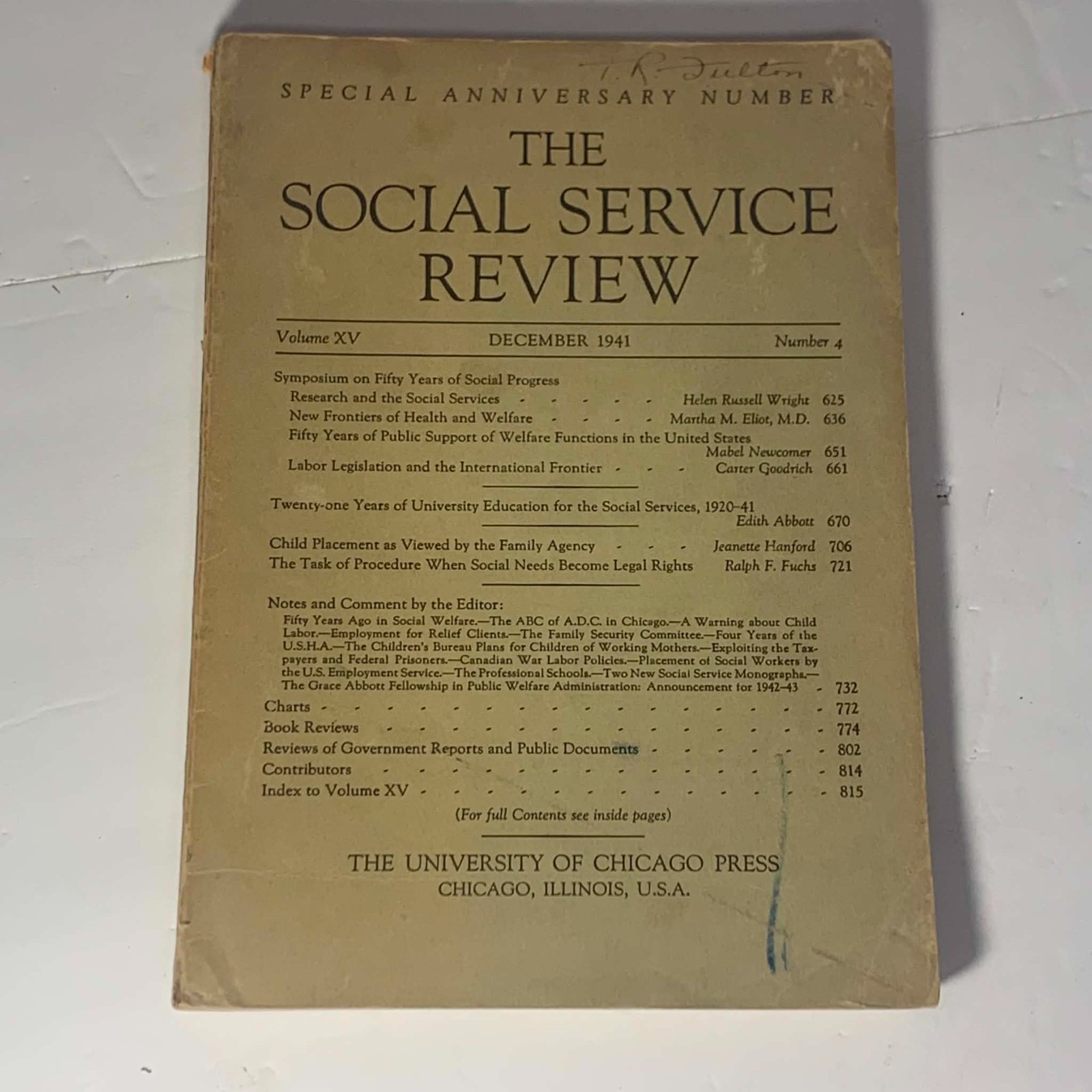 University of Chicago Press / Social Service Review / Volume XV/ December 1941