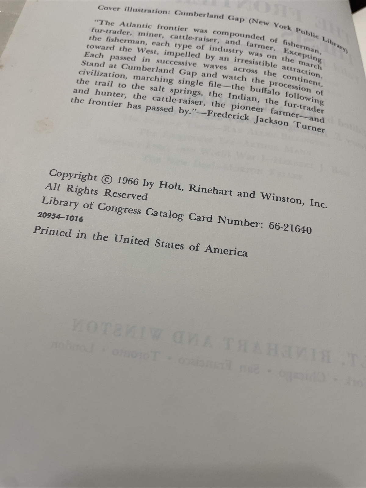 RAY ALLEN BILLINGTON, THE FRONTIER THESIS. AMERICAN HISTORY. 1966