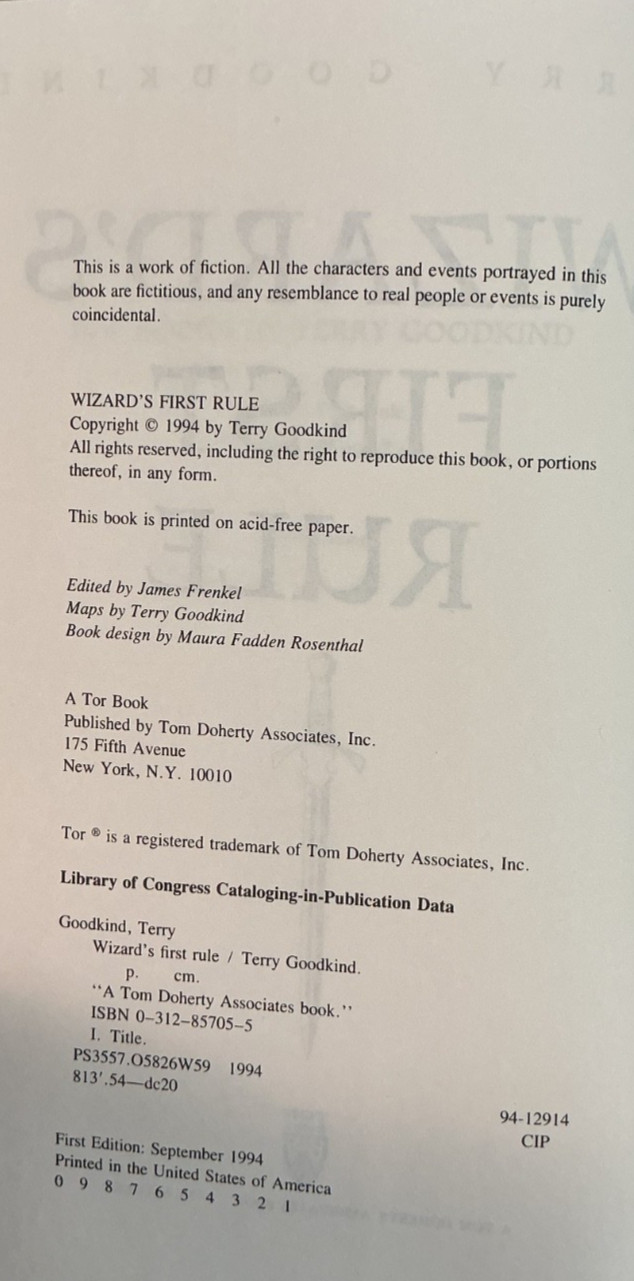 WIZARD’S FIRST RULE Terry Goodkind DEBUT NOVEL! 1st Ed/1st Print HCDJ Sept. 1994