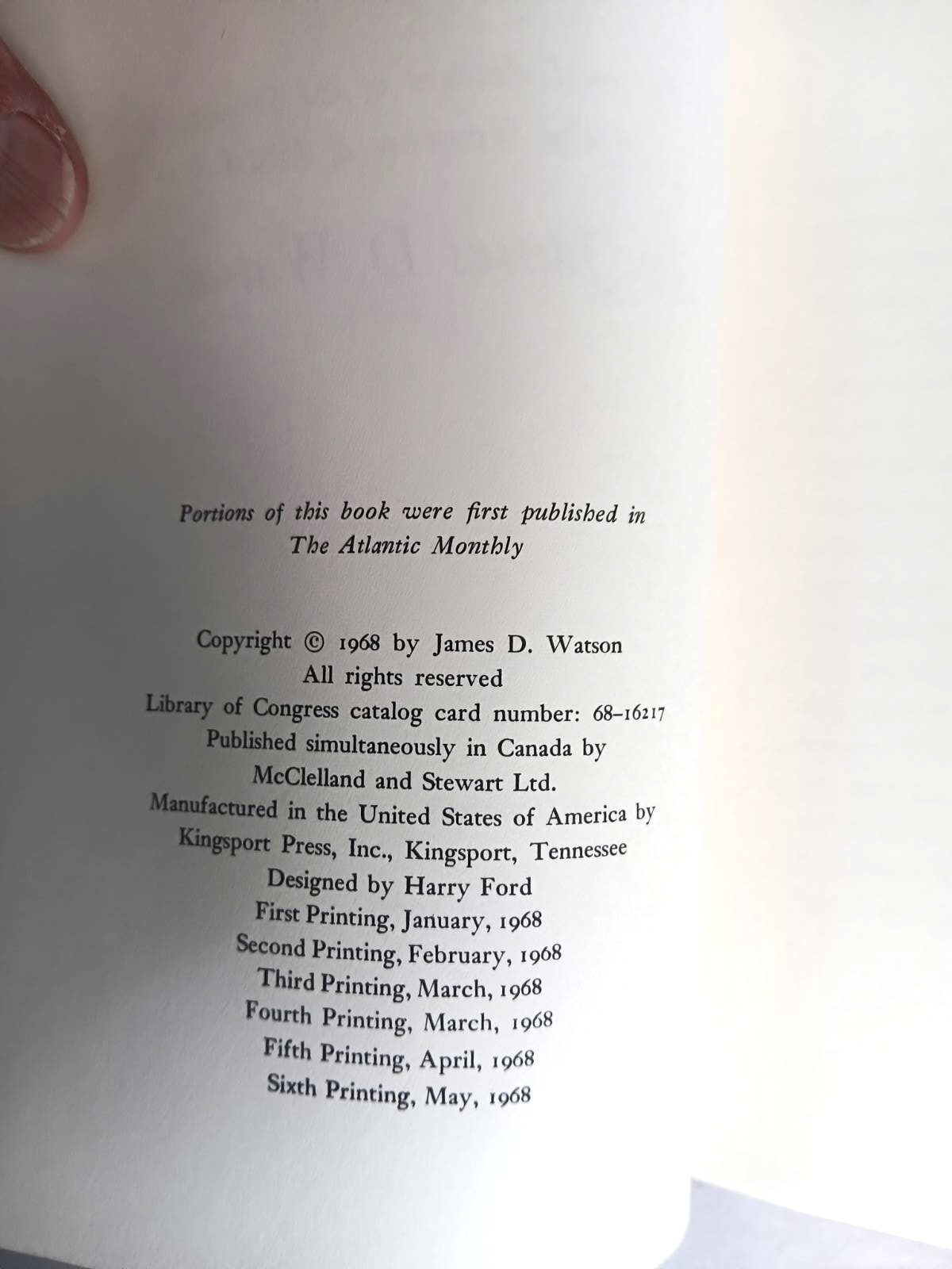 James D. Watson–THE DOUBLE HELIX 1st ed 6th ptg HCDJ 1968