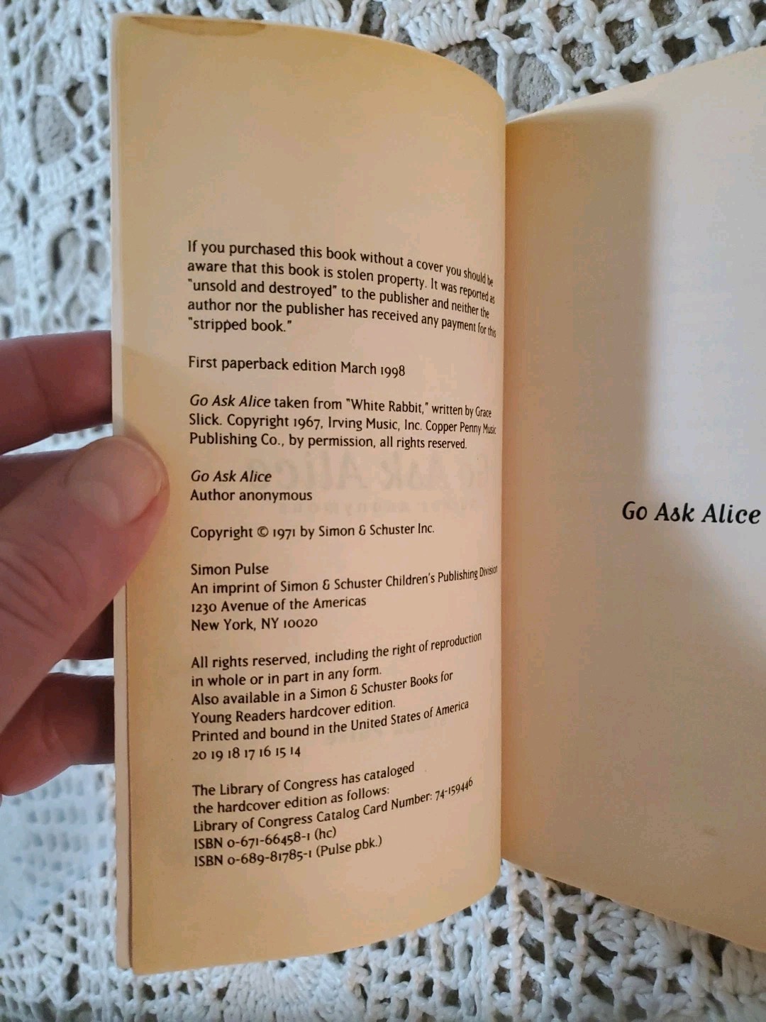 Go Ask Alice A Real Diary by Anonymous Simon Pulse Good cond.