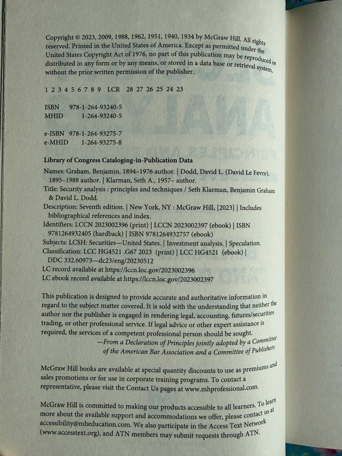 Security Analysis 7th Edition by Benjamin Graham HC DJ 2023