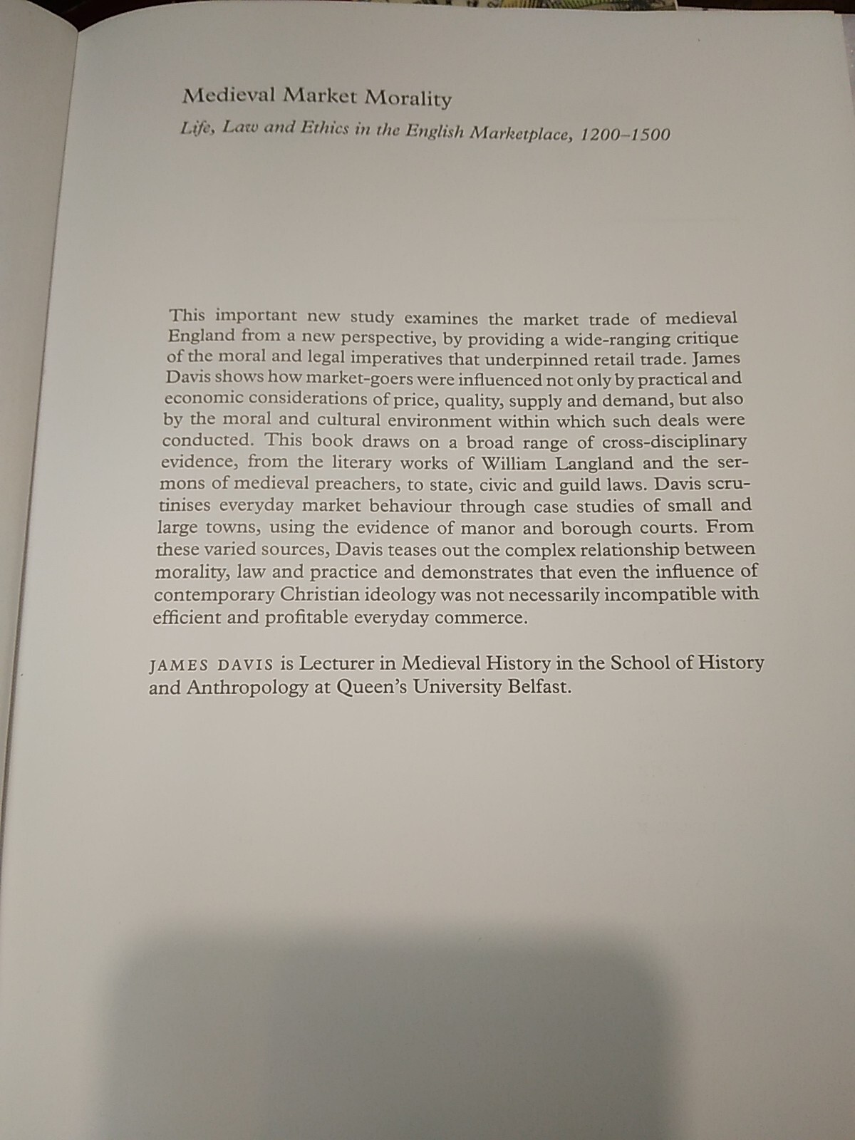 Medieval Market Morality by James Davis, Hardcover 2012 “Acceptable”