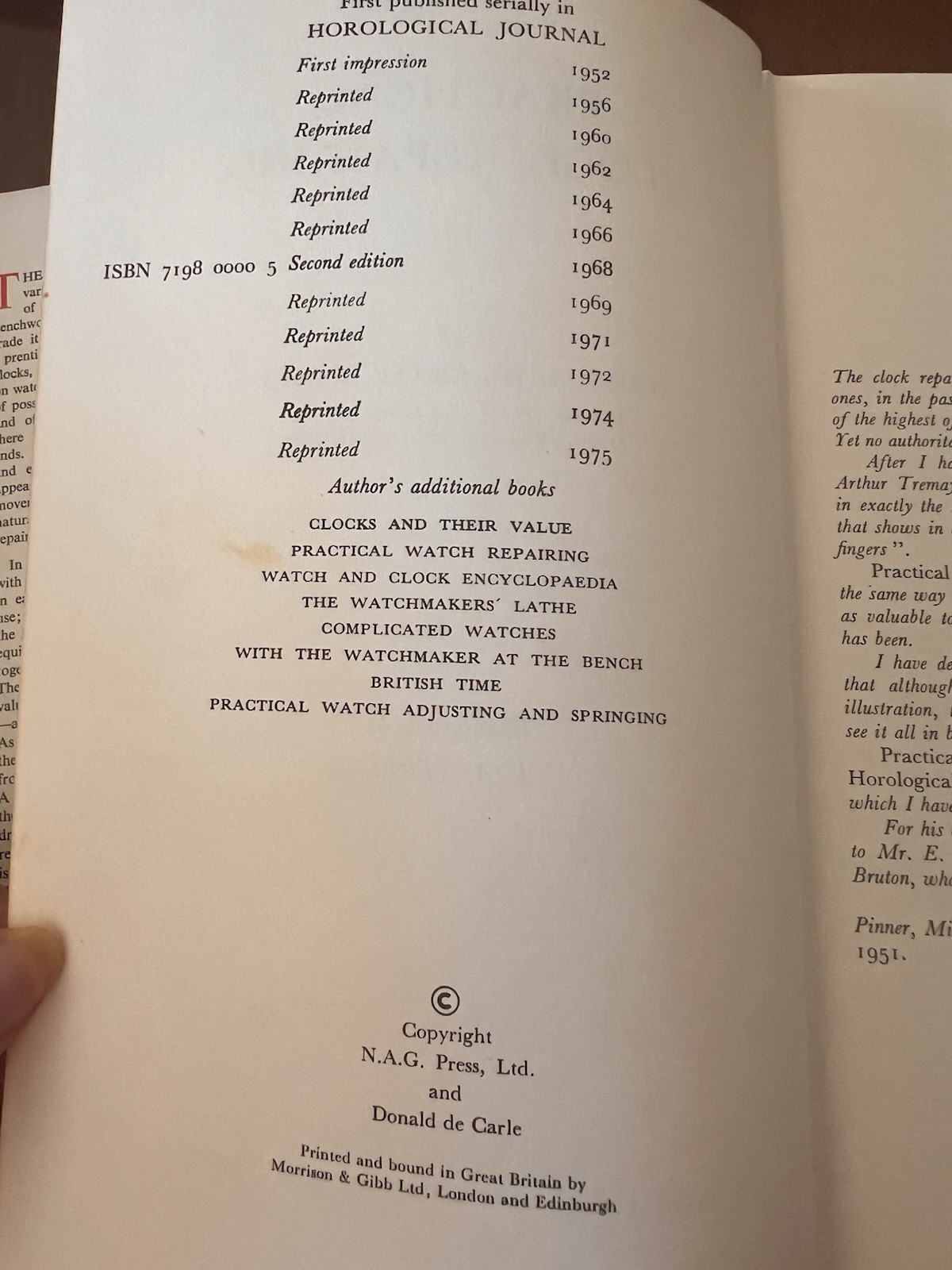 Practical Clock Repairing By Donald De Carle FBHI, HCDJ 1975 Hardcover
