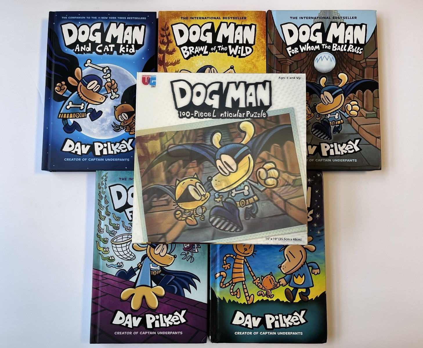 DOG MAN Hardcover Book Lot of 5 (Books 4 6 7 8 10) PLUS 100-Pc Lenticular Puzzle