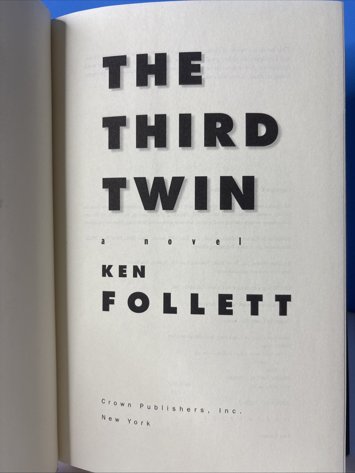 “THE THIRD TWIN” by Ken Follett (Hardcover w/ Dust Jacket, 1996) Crown 1st Ed.