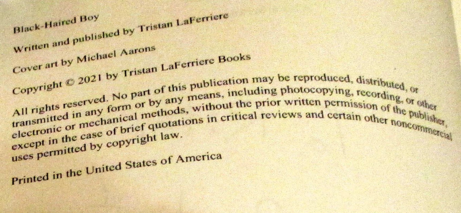 2021 Black-Haired Boy by Tristan Laferriere SIGNED 286 Pages Softcover