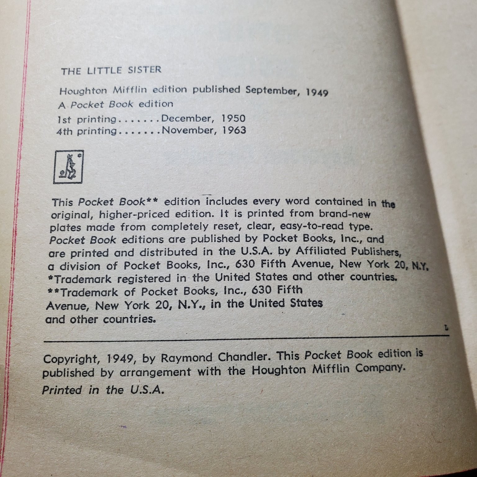 The Little Sister Raymond Chandler 1963 4th Printing Philip Marlowe Pocket Books