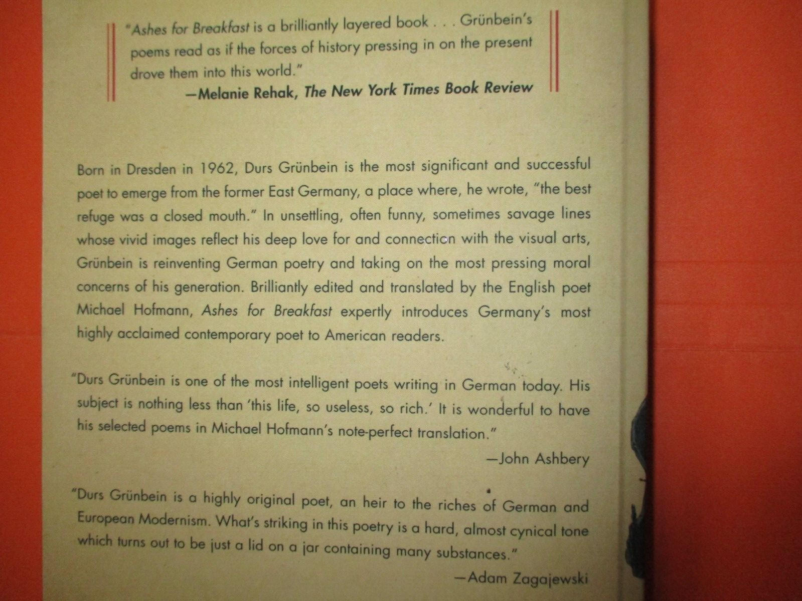 Ashes for Breakfast: Selected Poems by Durs Grunbein, SC in German & English