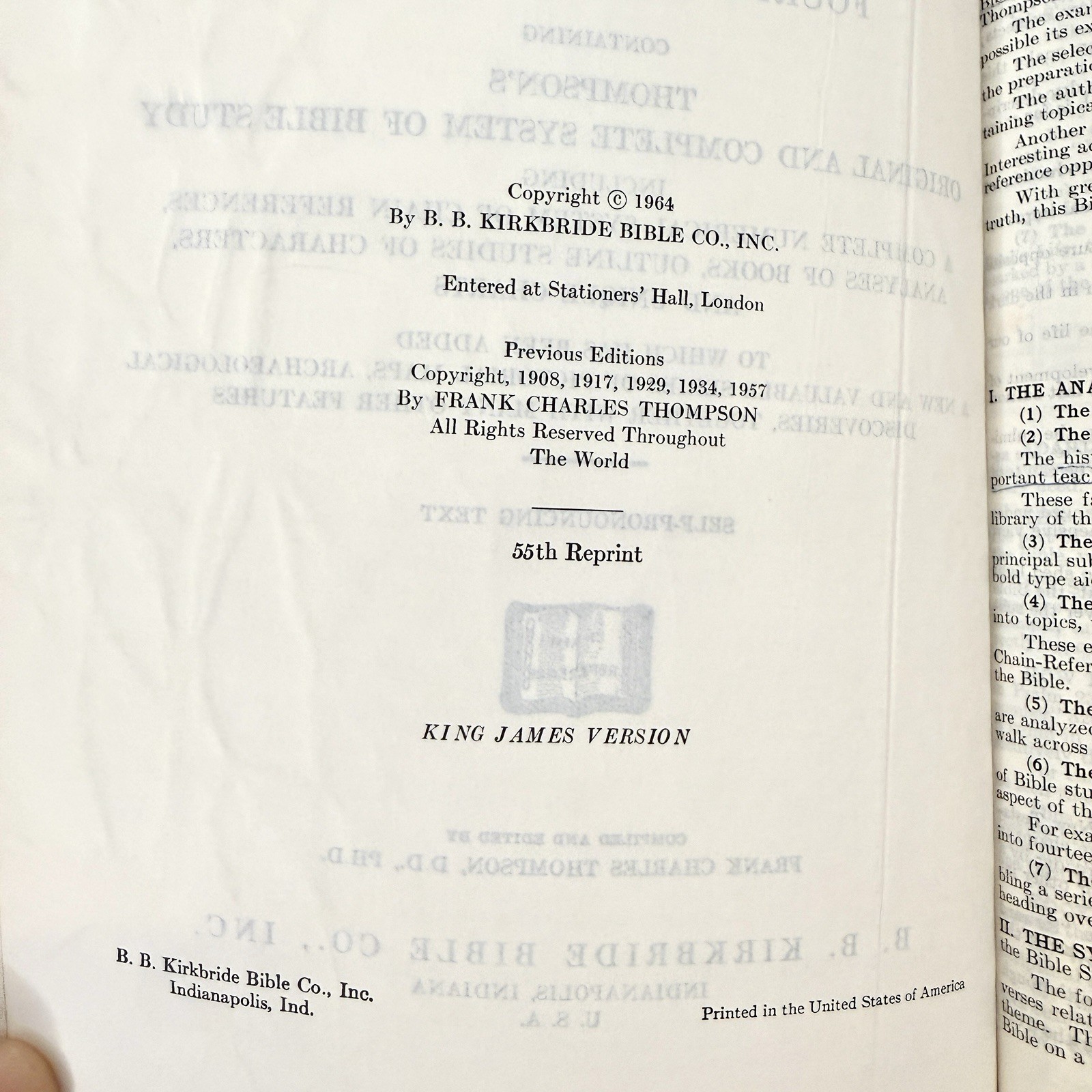 The New Chain Reference Bible Thompson 4th Improved Edition KJV 1964