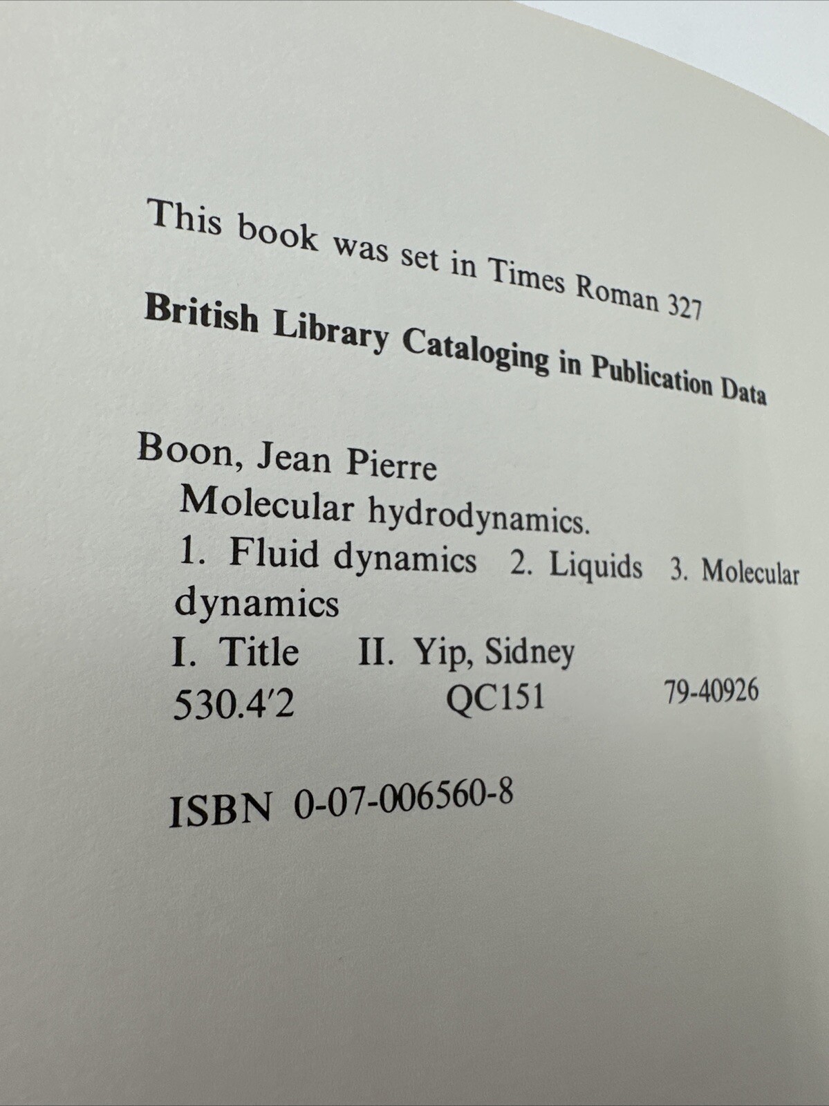 Molecular Hydrodynamics Jean Boon Sidney Yip Hardcover 1980 Rare 415 Pages DJ