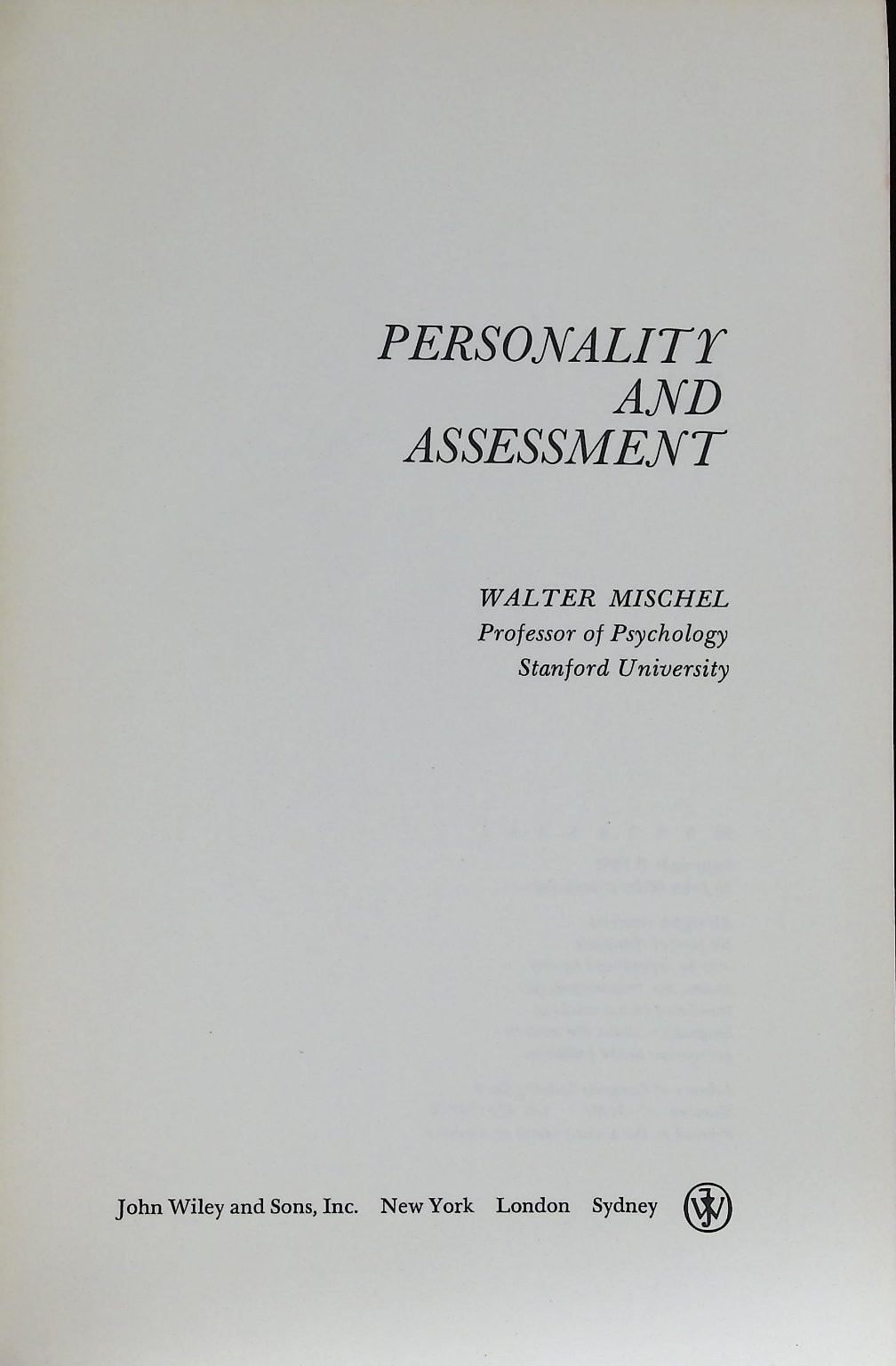 Personality and Assessment Walter Mischel 1968 2nd Print Psychology John Wiley