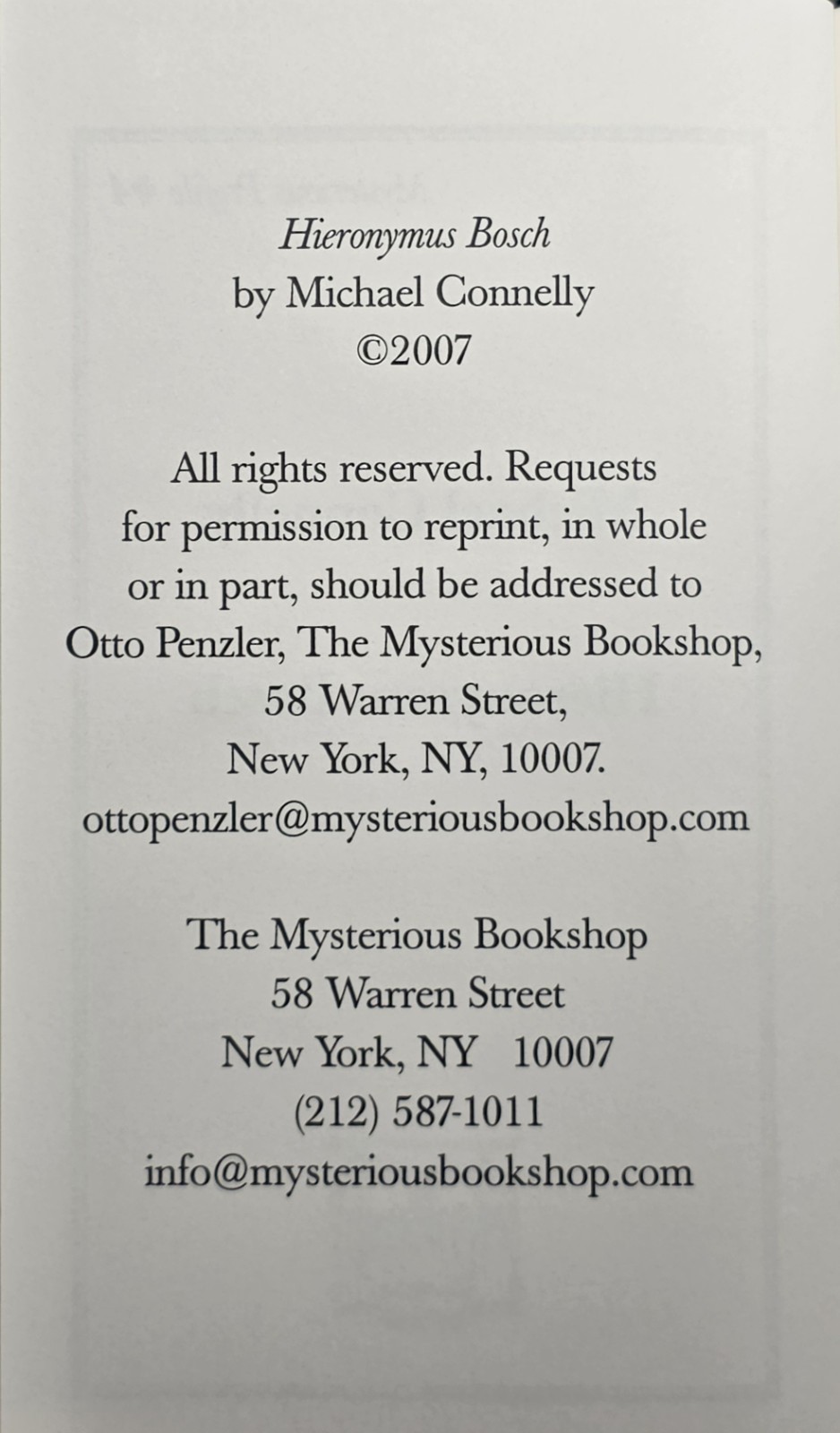 Michael Connelly SIGNED “Hieronymus Bosch” Mysterious Profile 1st Ed. LMTD 2007