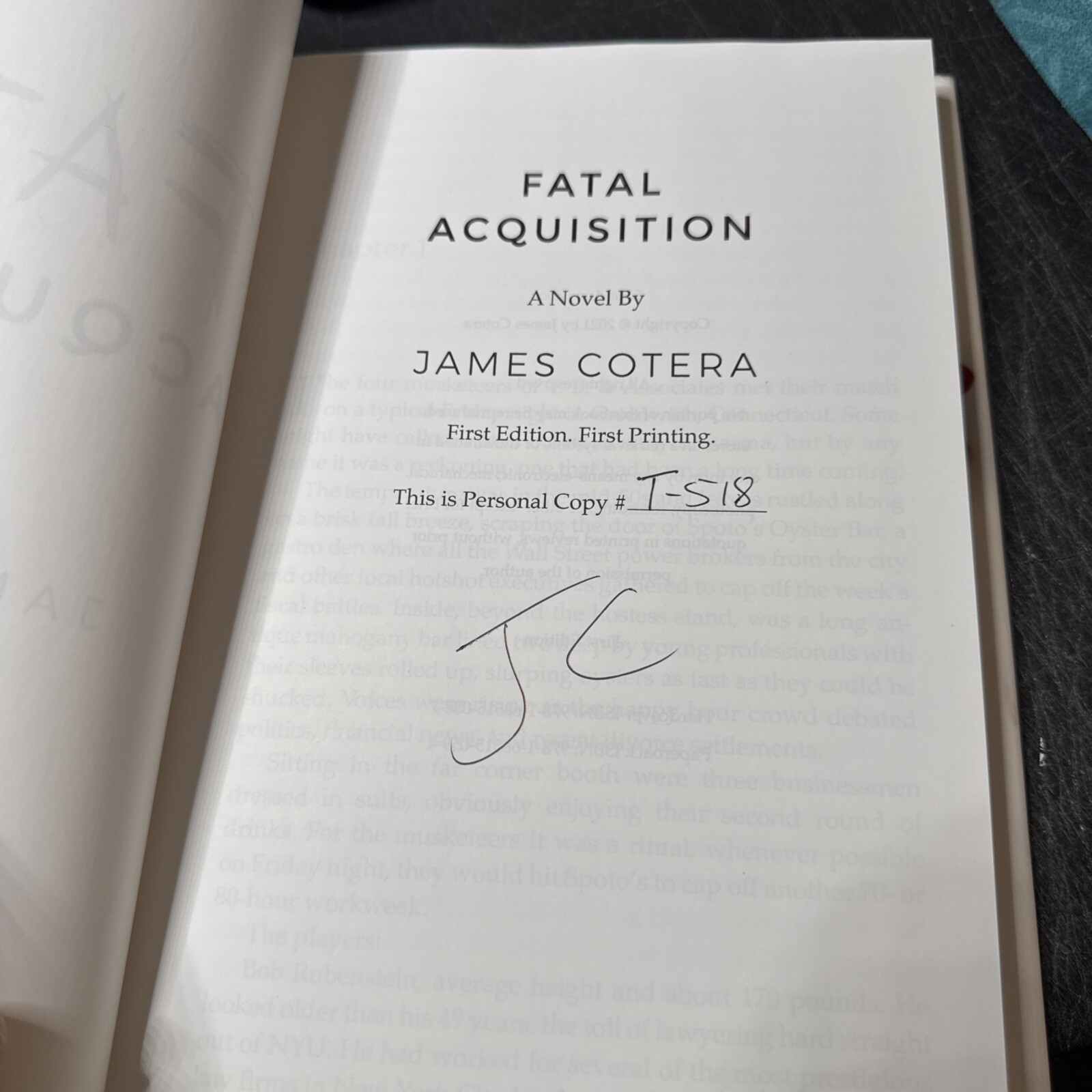 FATAL ACQUISITION BY JAMES COTERA 2021 1ST EDITION SIGNED Personal Copy