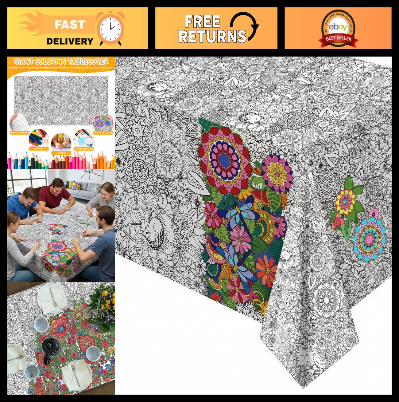 3 Pcs Jumbo Mandala Coloring Posters – Giant DIY Tablecloths for Arts & Crafts