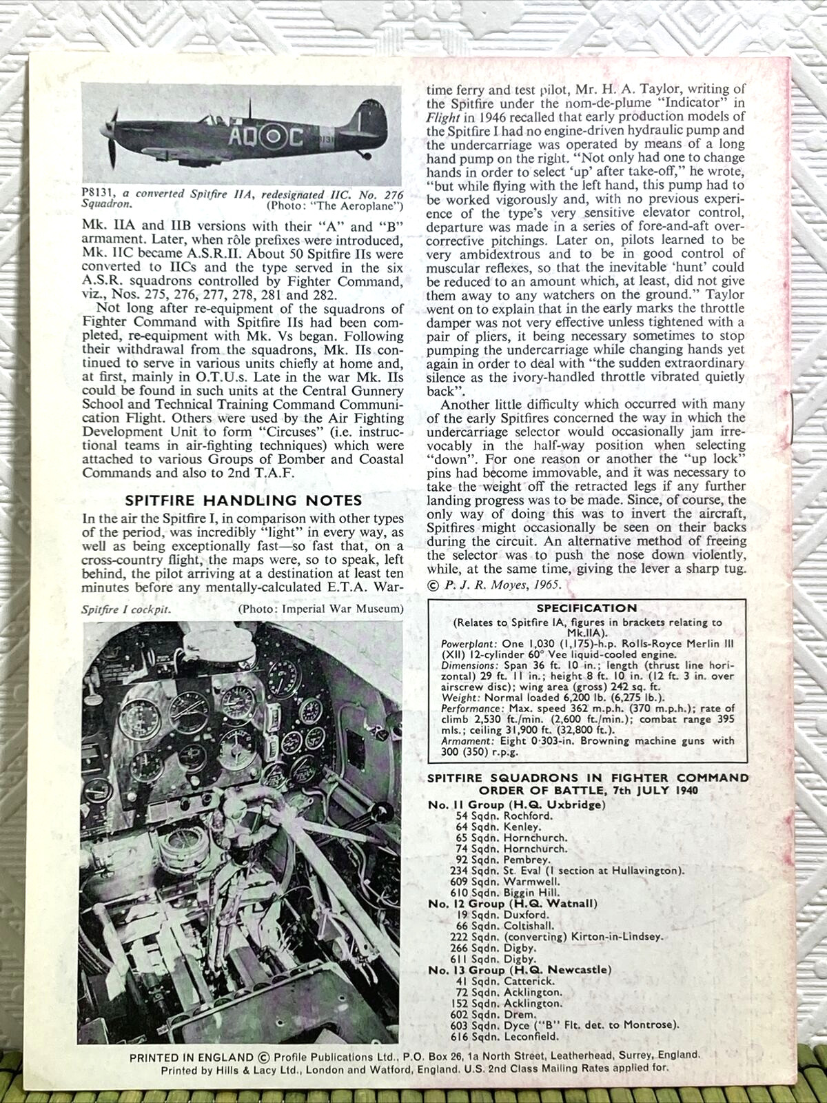Profile Publications Aircraft The Supermarine Spitfire I & II Number 41