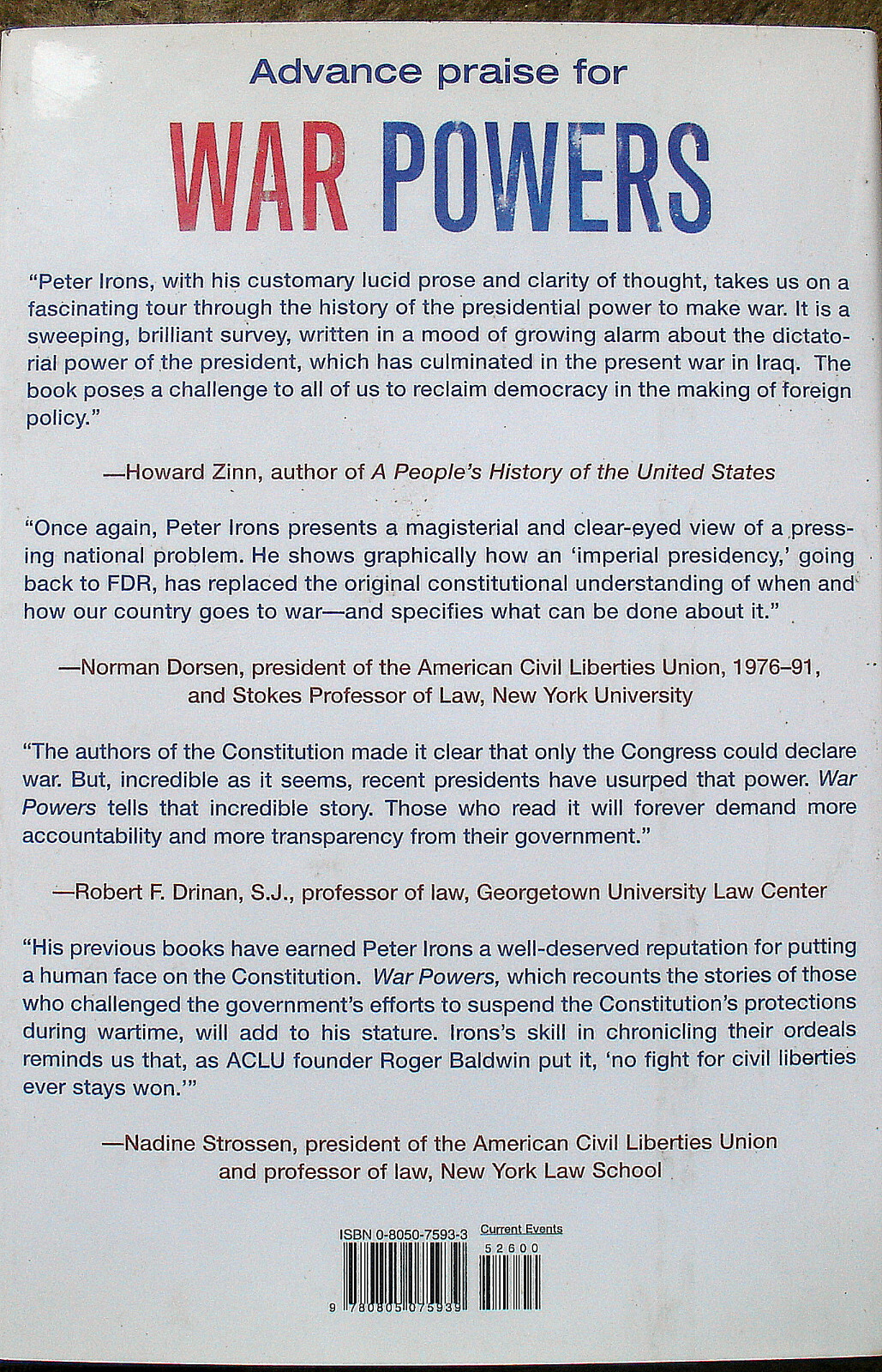 War Powers – Peter Irons -HC, First Edition, 2005 – Brand New