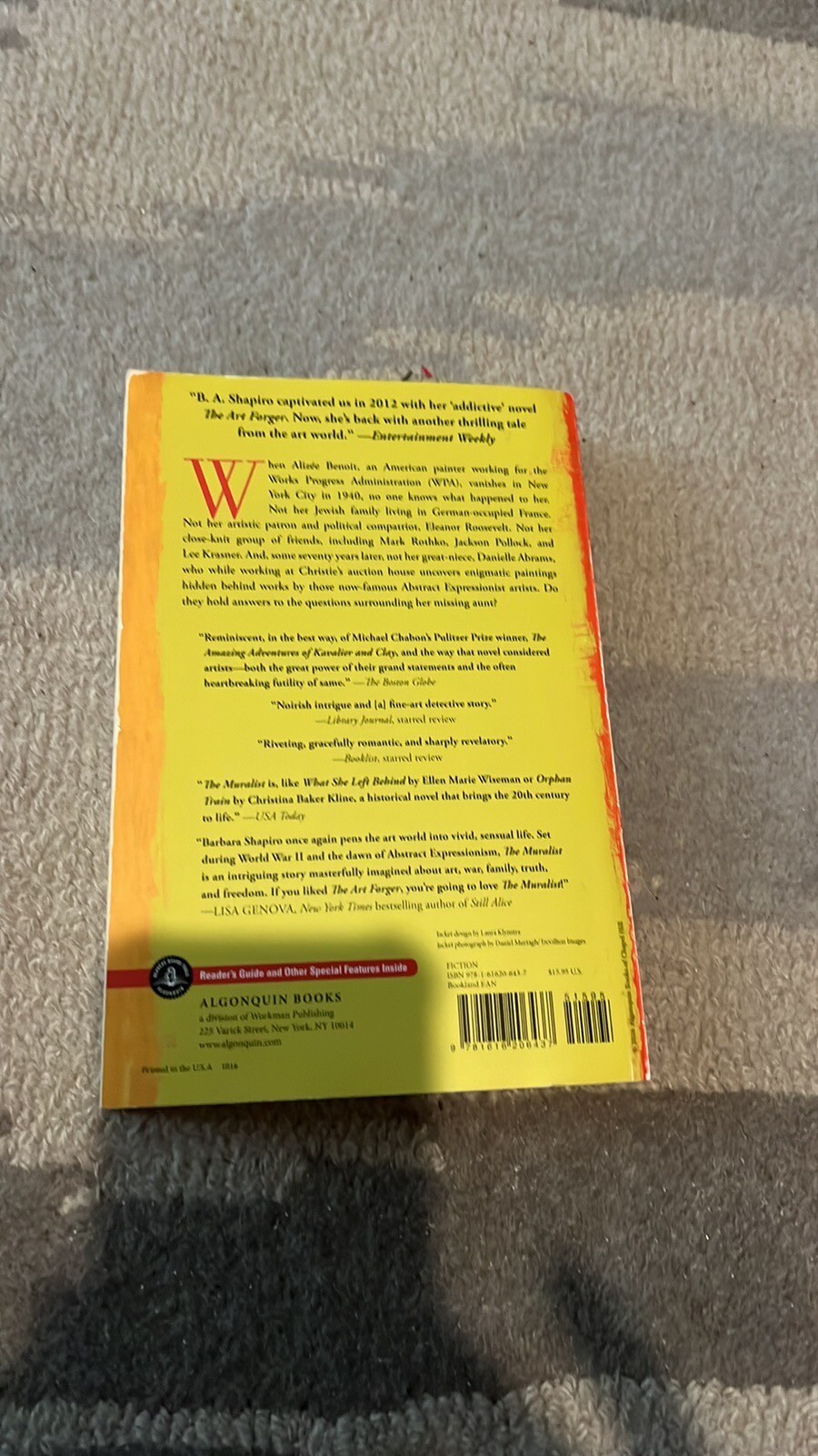 The Muralist paperback book by B.A. Shapiro. 337 pages.