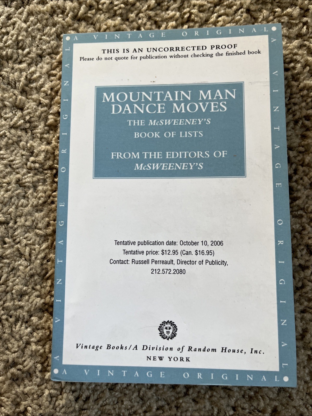 McSweeney’s Mountain Man Dance Moves Uncorrected Proof Advance Copy Sweeney’s