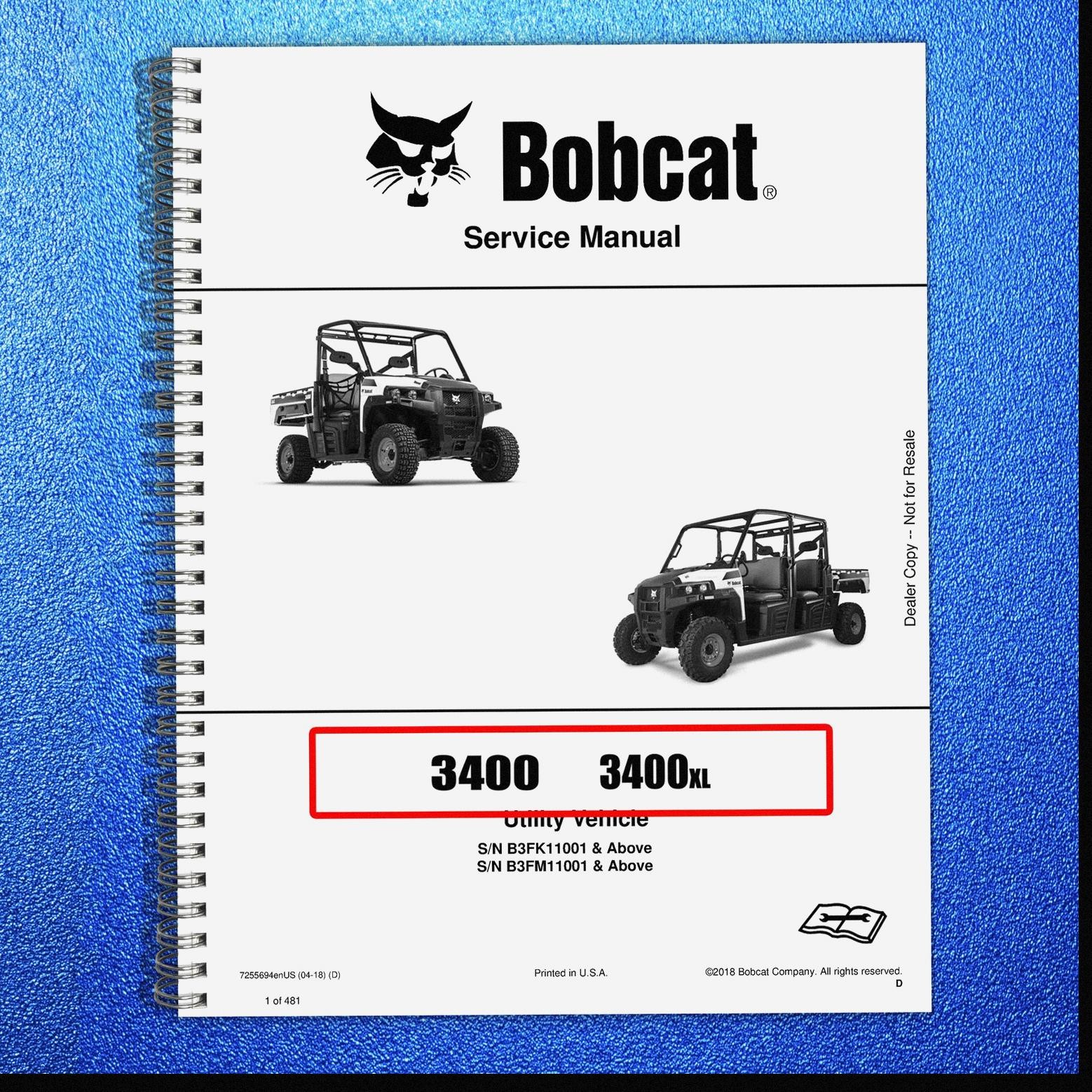 BOBCAT 3400 3400XL Utility Vehicle Service Manual 2018, BOUND, COVERS, FOLDOUTS