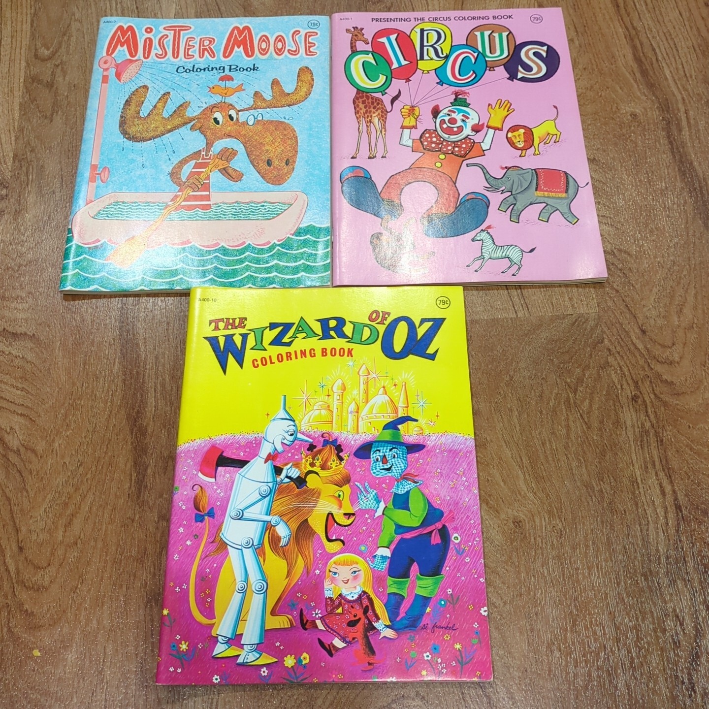 Vintage 1978 Lot of 3 Coloring Books, Wizard of Oz, Mister Moose, Circus Clown