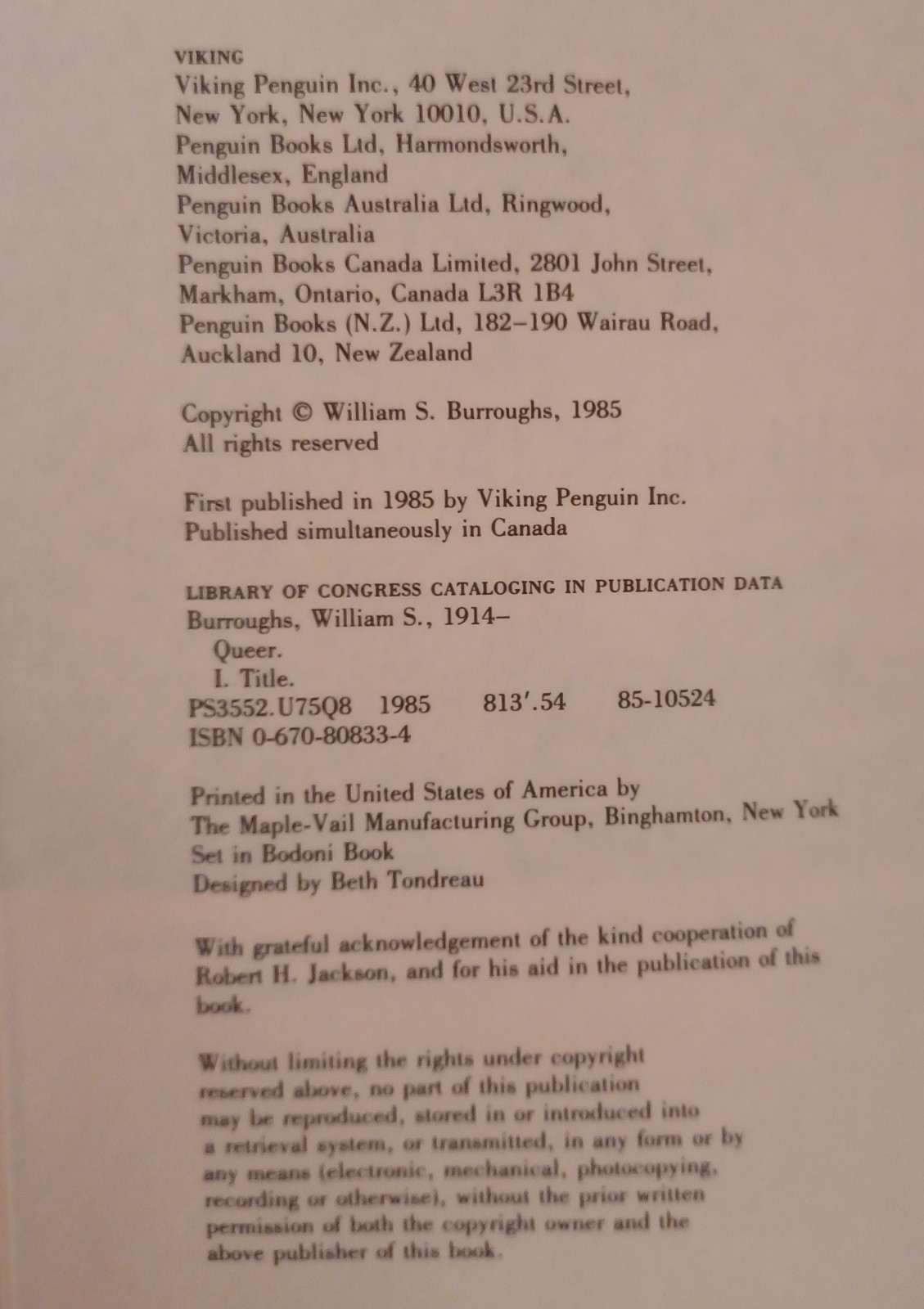 William Burroughs, Queer. First Printing Hardcover. Viking, 1985.
