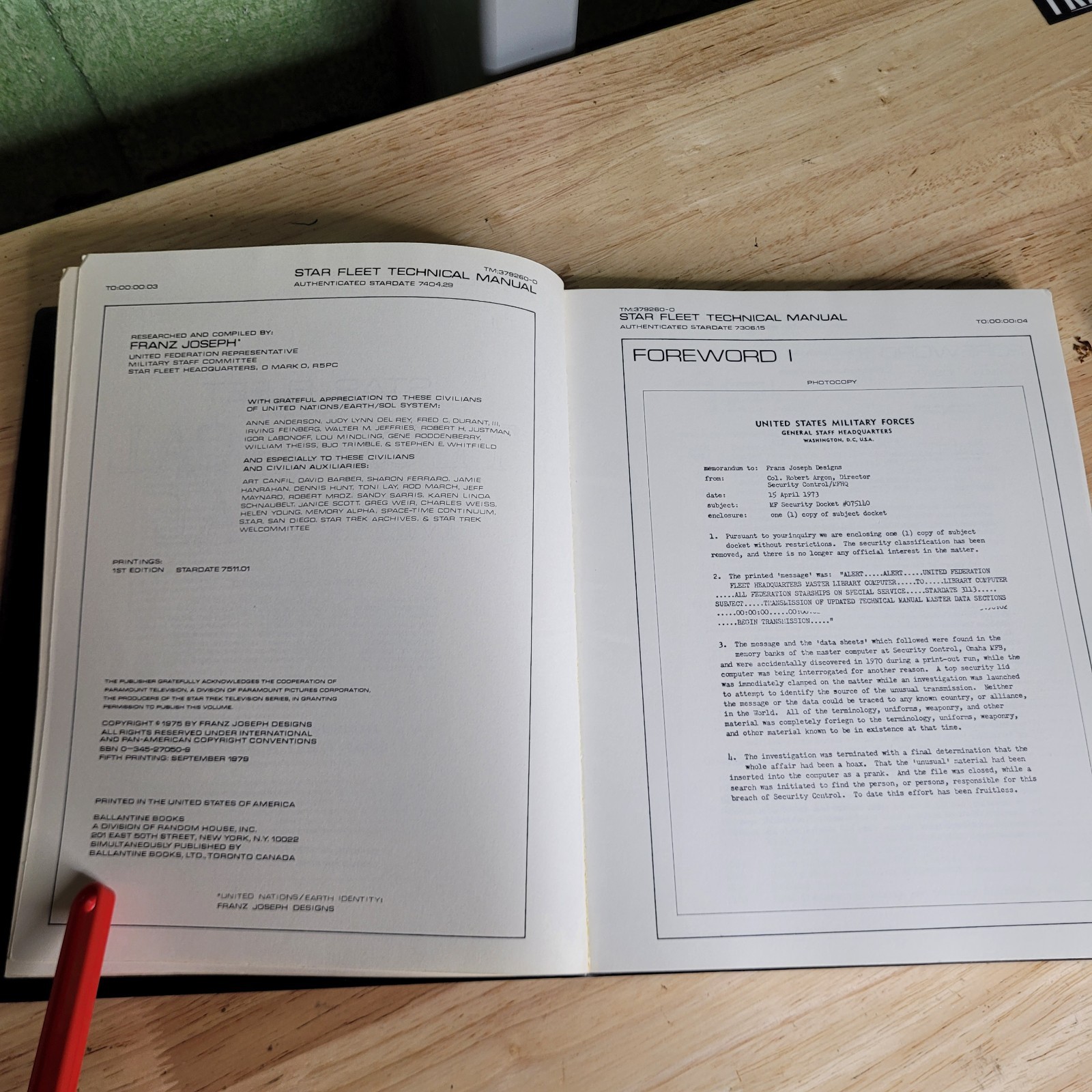 Star Trek Star Fleet Technical Manual Franz Joseph Ballantine Books 1975 1979