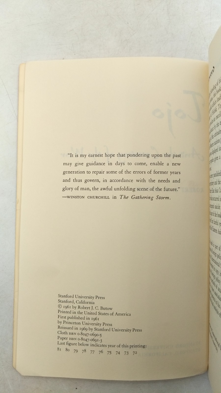 Tojo and the Coming of the War Robert J. C. Butow Paperback Reissued in 1969 …