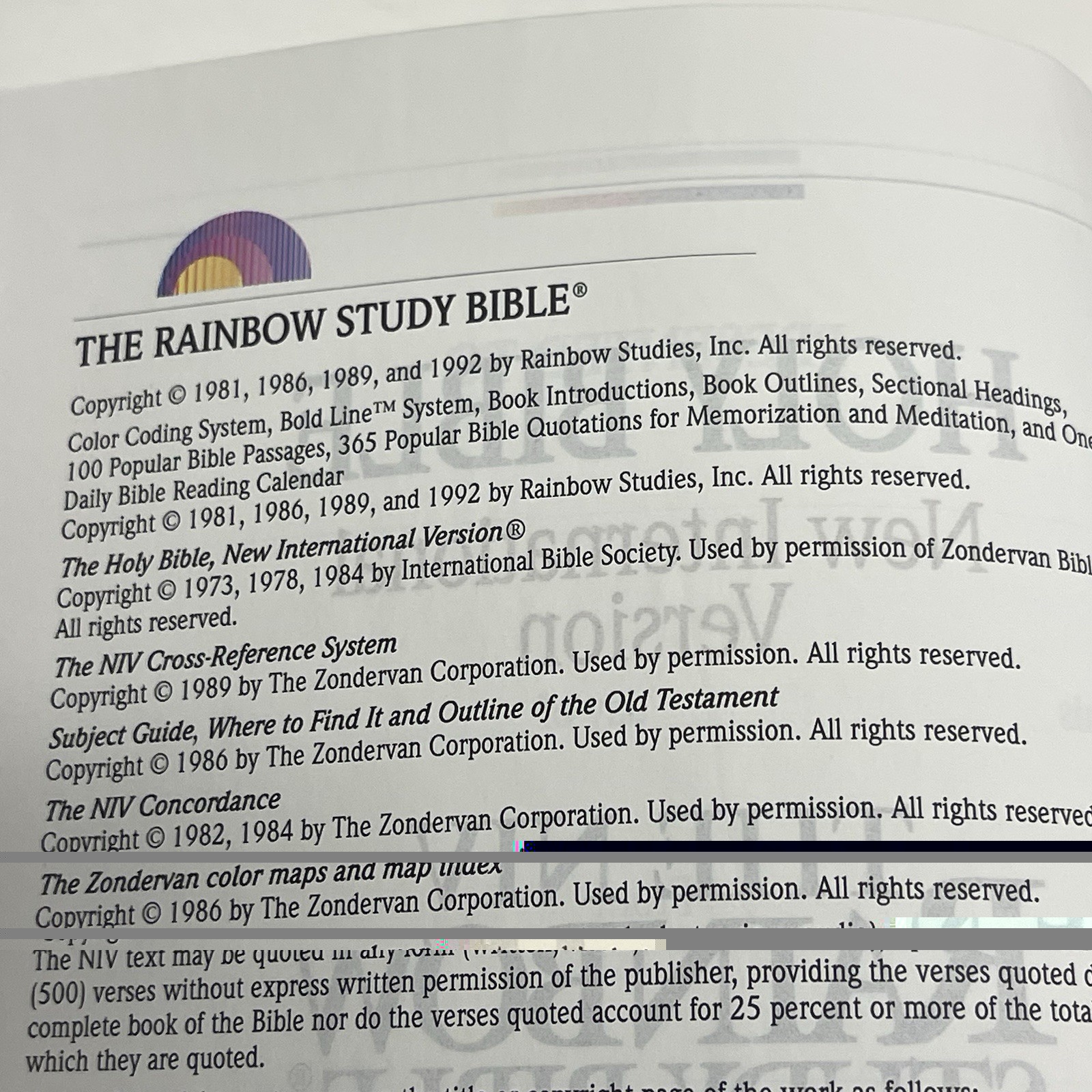 NIV Rainbow Study Bible New International Version Color Bold Line 1992 Hardcover