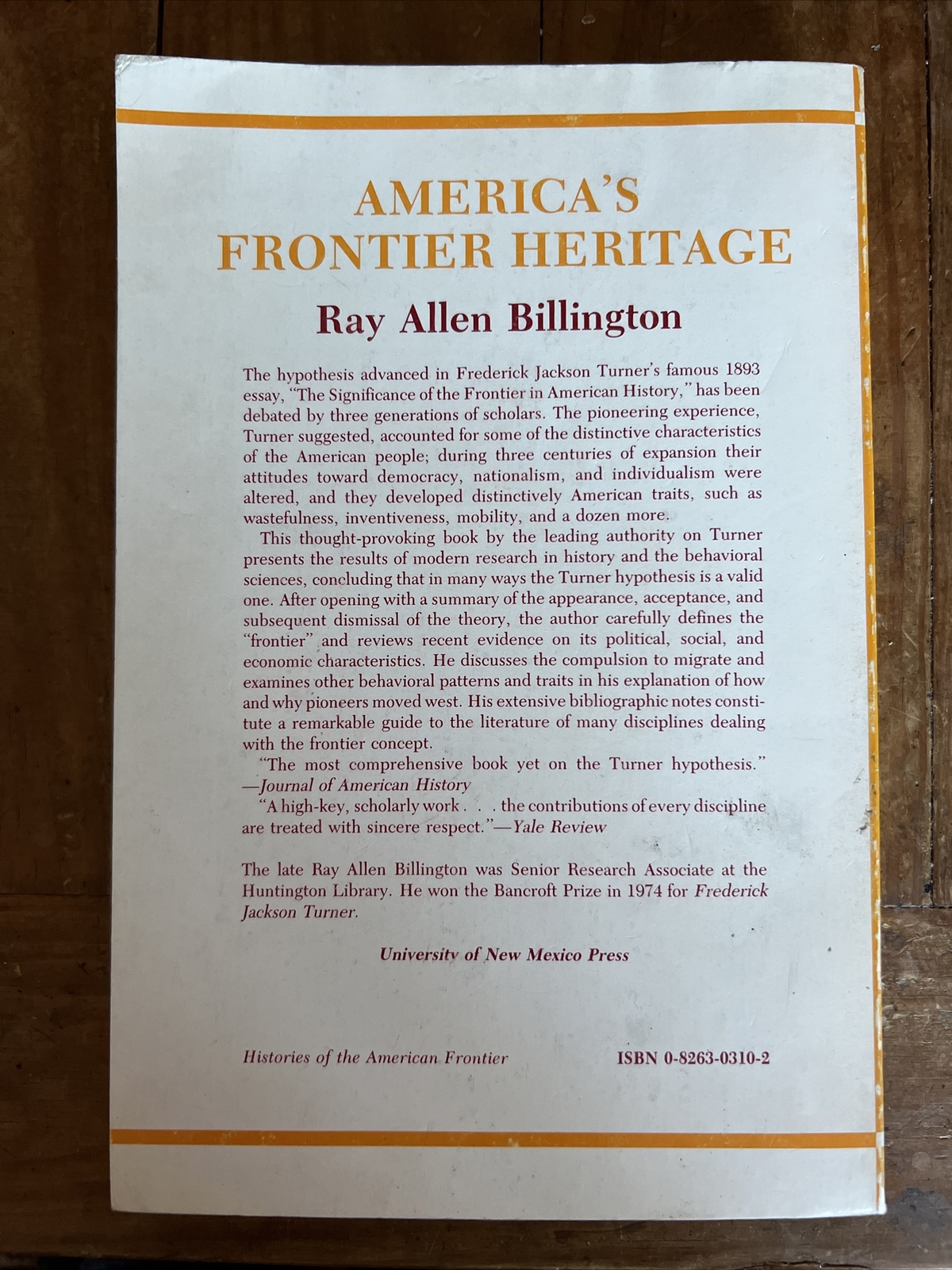 America’s Frontier Heritage Ray Allen Billington UNM Press PB Clean VG