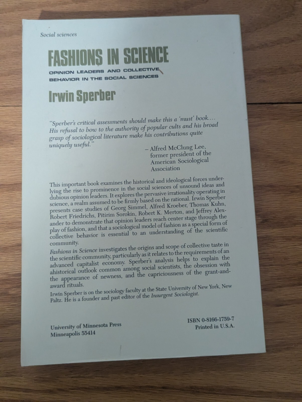 Fashions in Science: Opinion leaders…social sciences; I. Sperber – VG+/PB