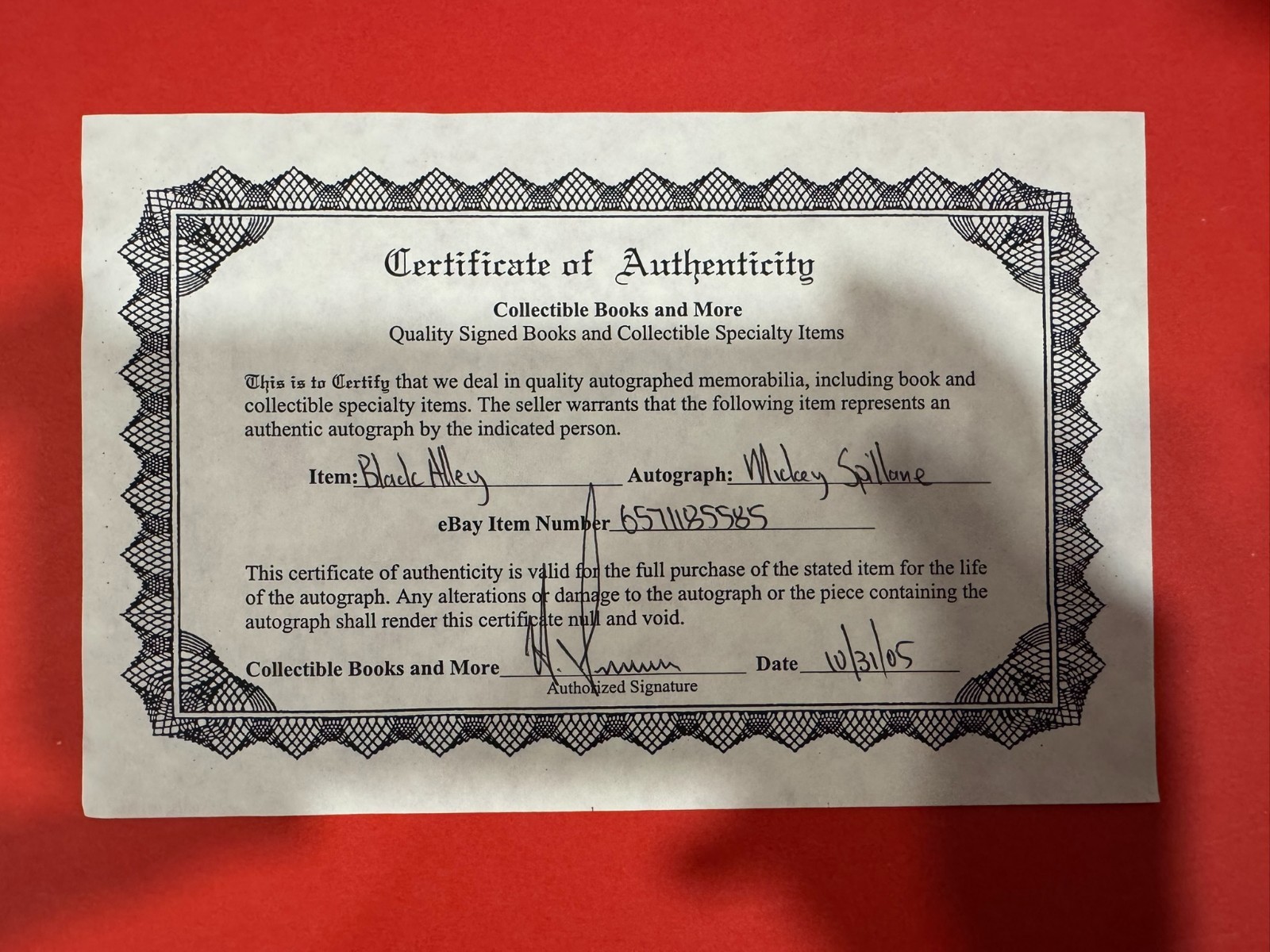 1st Edition 1st Print SIGNED Mickey Spillane Black Alley w/coa in mylar UNREAD
