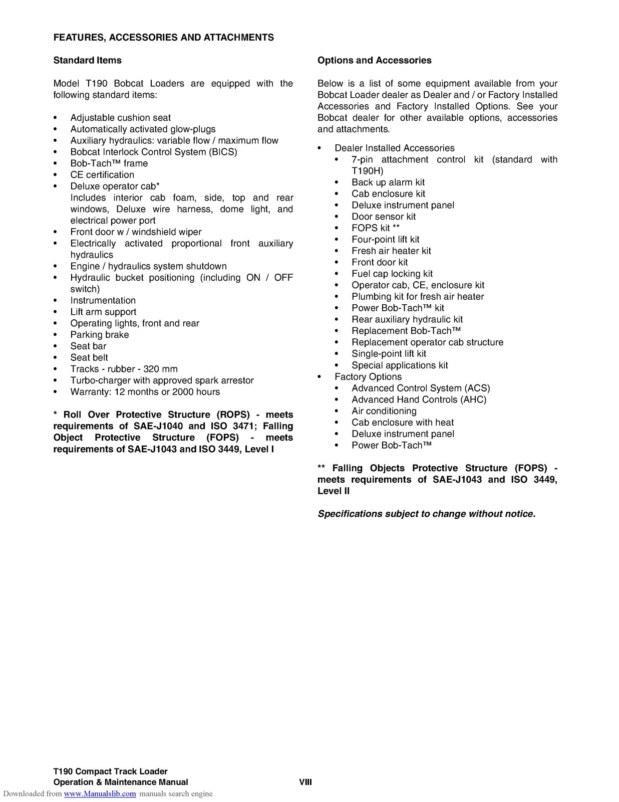 BOBCAT T190 Operation Maintenance Manual 2006 SN 531711001 Up – WIRE BOUND