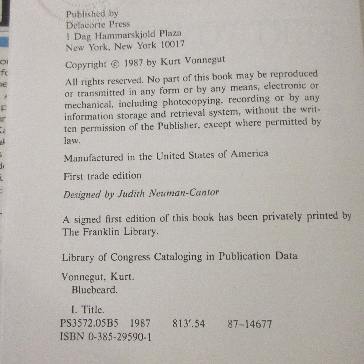 Bluebeard by Kurt Vonnegut 1987 First Trade Edition Hardcover Delacorte Press