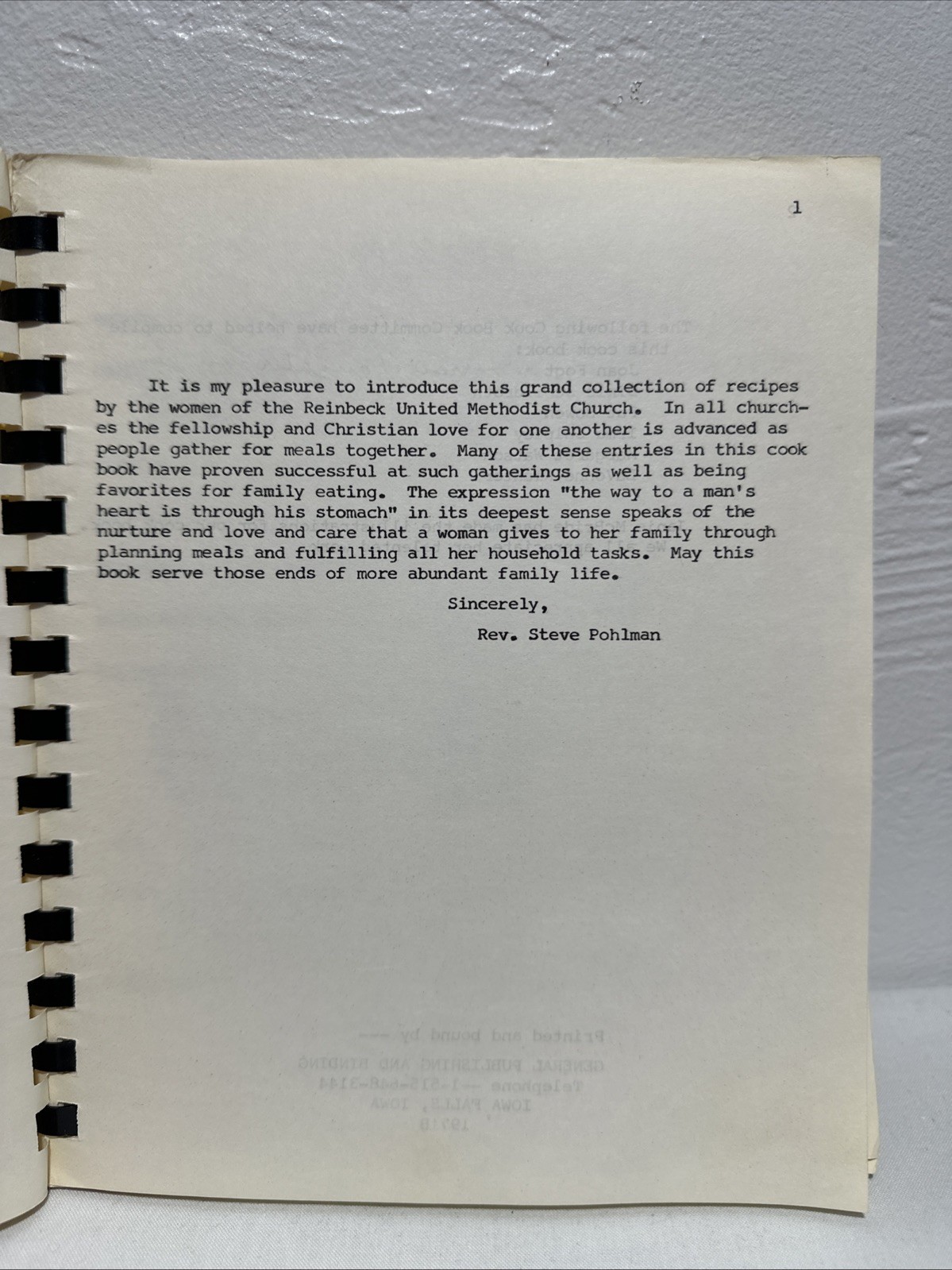 Cook Book 1971 First United Methodist Church. Reinbeck, Iowa COOKBOOK. Vintage.
