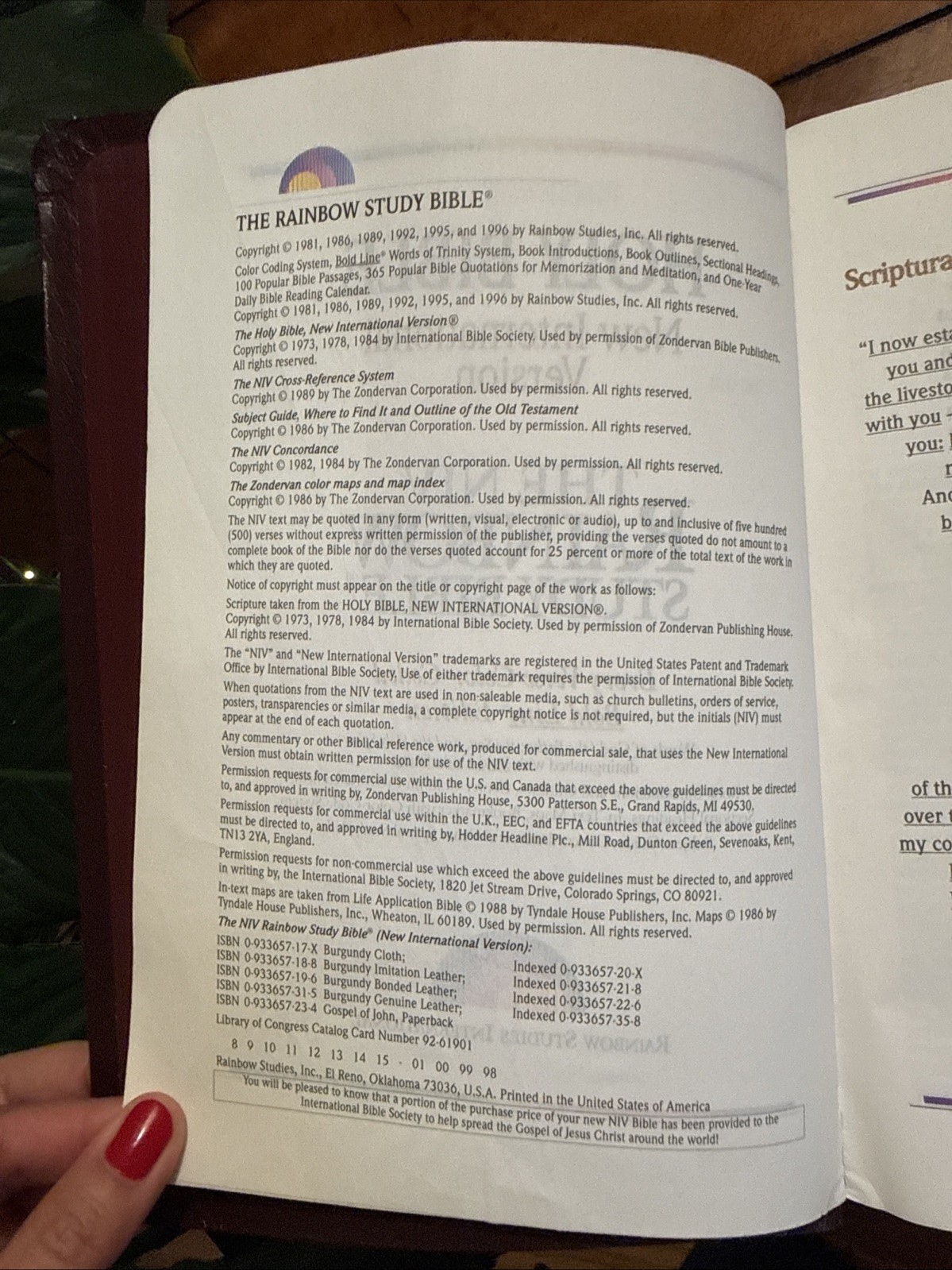 NIV Rainbow Study Bible Color Coded Bold Line 1992 Burgundy RSI Bonded Leather