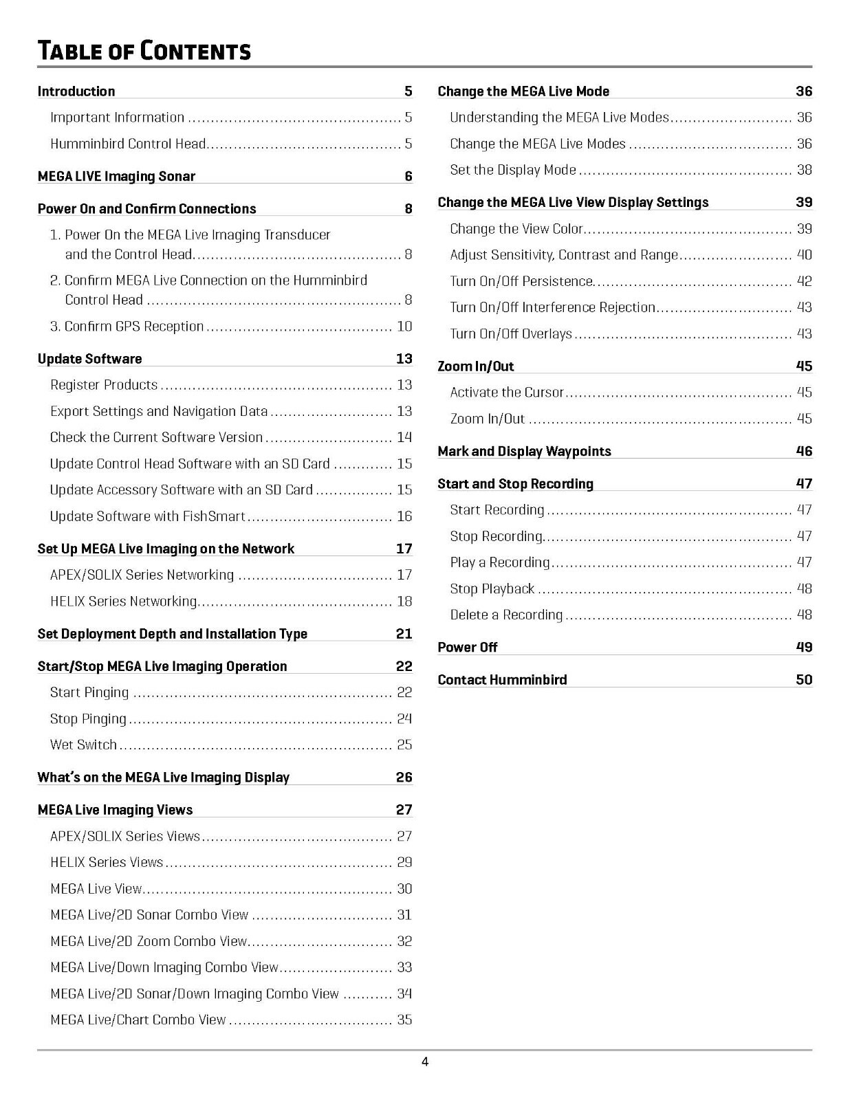 Humminbird MEGA Live Ops Operators Manual User Instructions: 50 Pages, Coiled