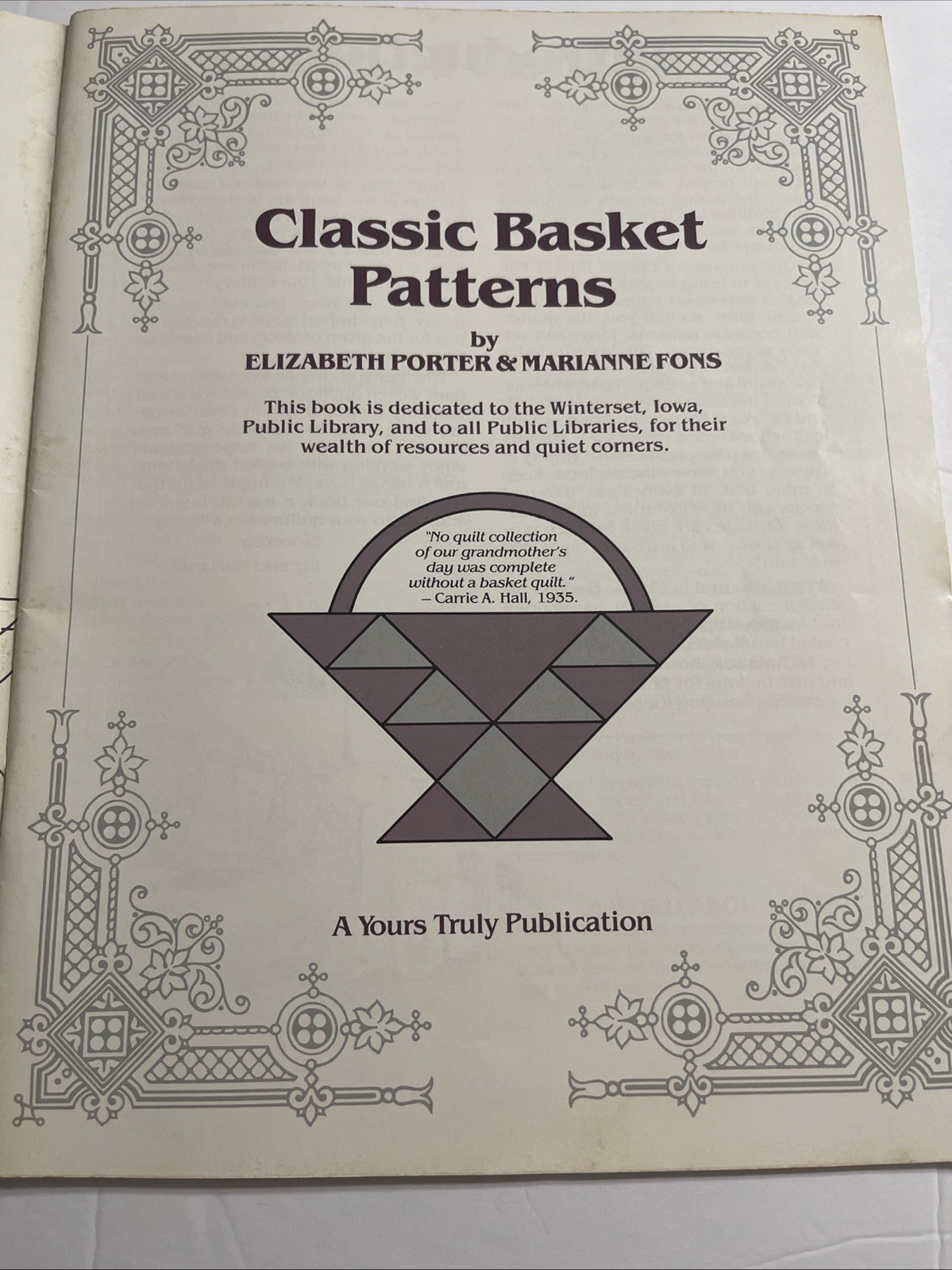 Classic Basket Patterns Quilt Book Elizabeth Porter Marianne Fons 1984