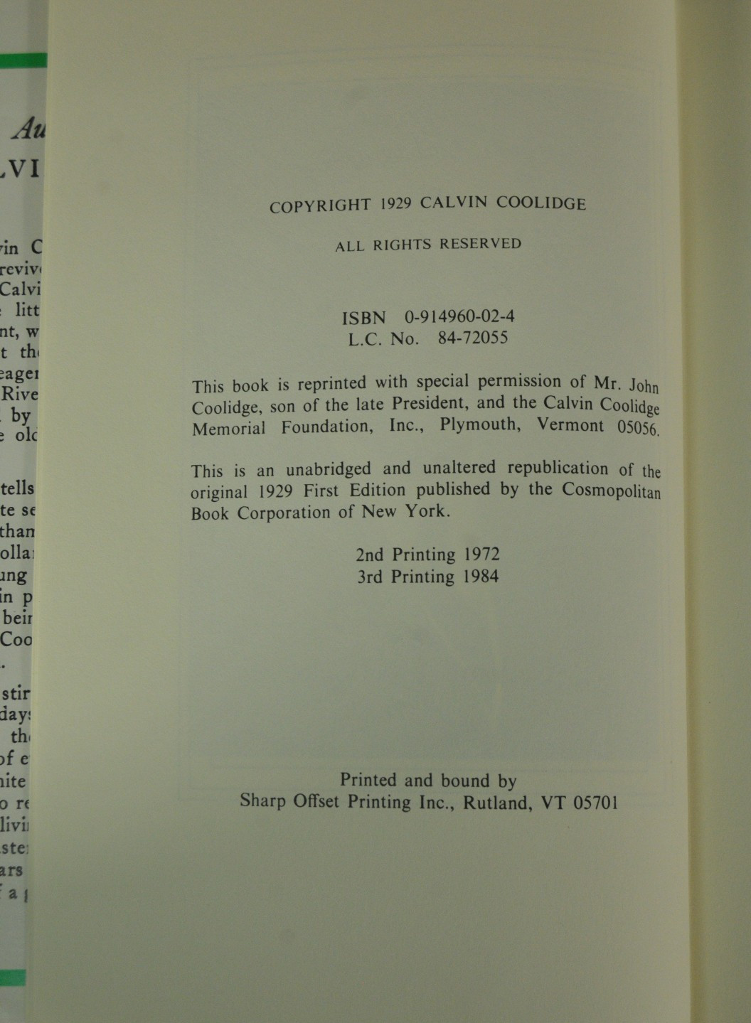 The Autobiography of Calvin Coolidge Copyright 1929 3rd Printing 1984 HC DJ USA