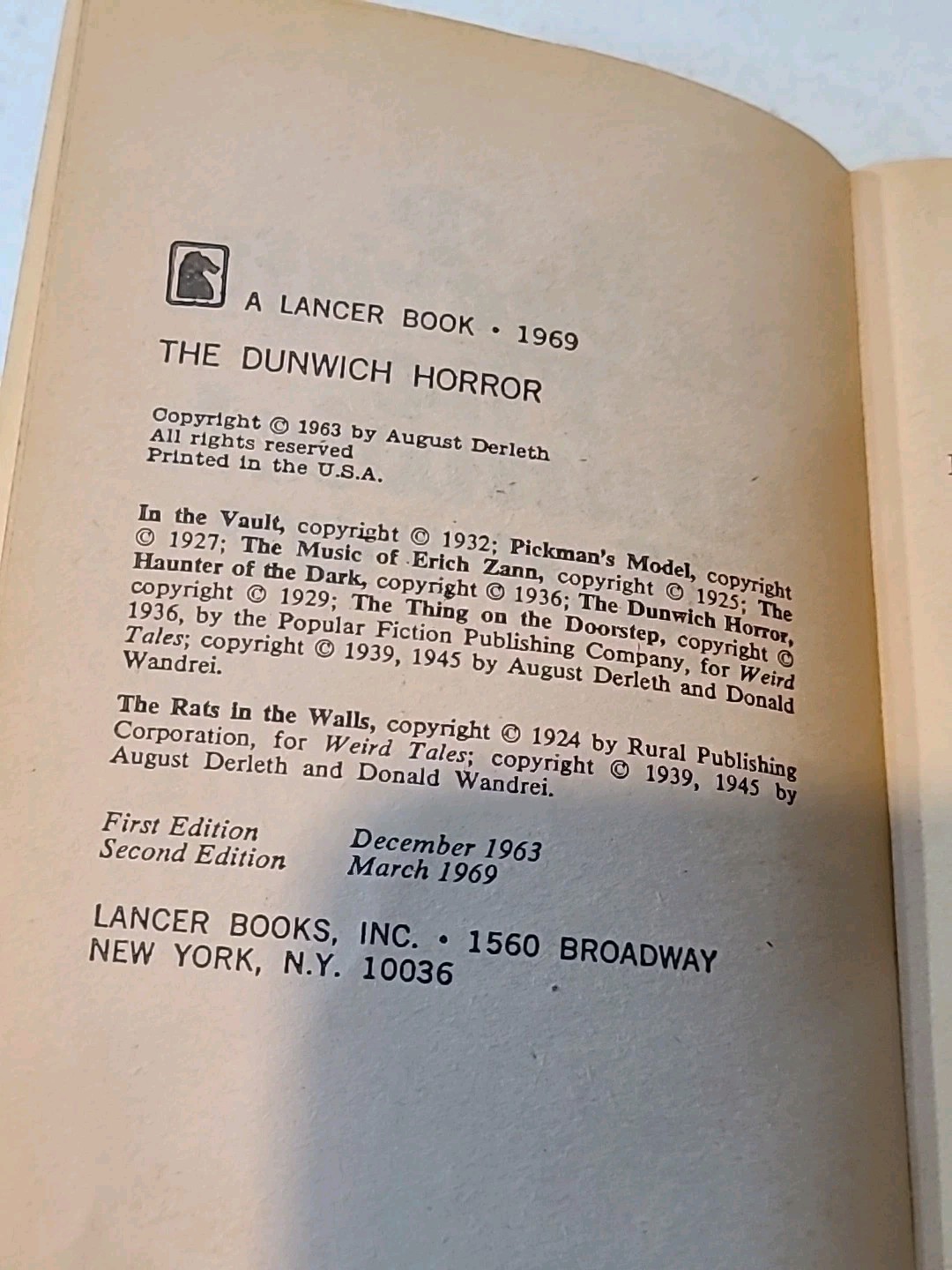 The Dunwich Horror and Others by Howard Philip Lovecraft 1969 Lancer PB