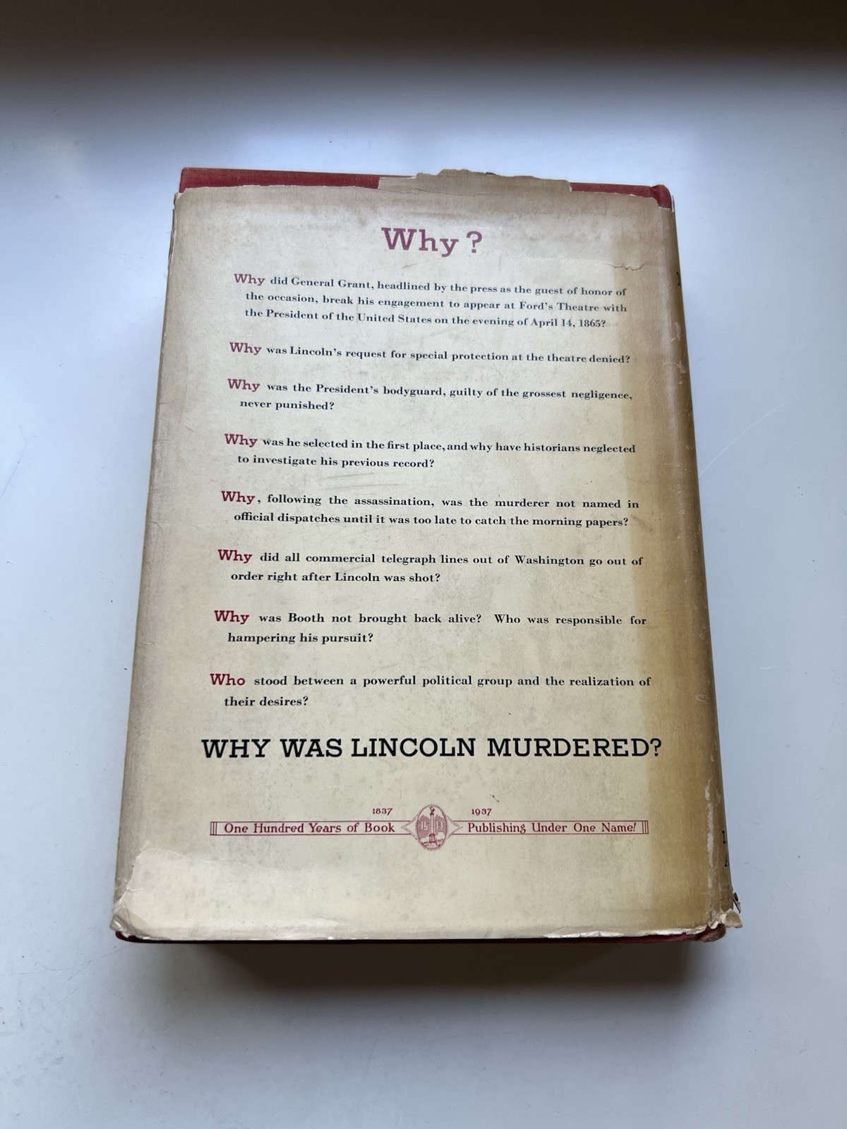 Why was Lincoln Murdered? by Otto Eisenschiml 1937 Hardcover