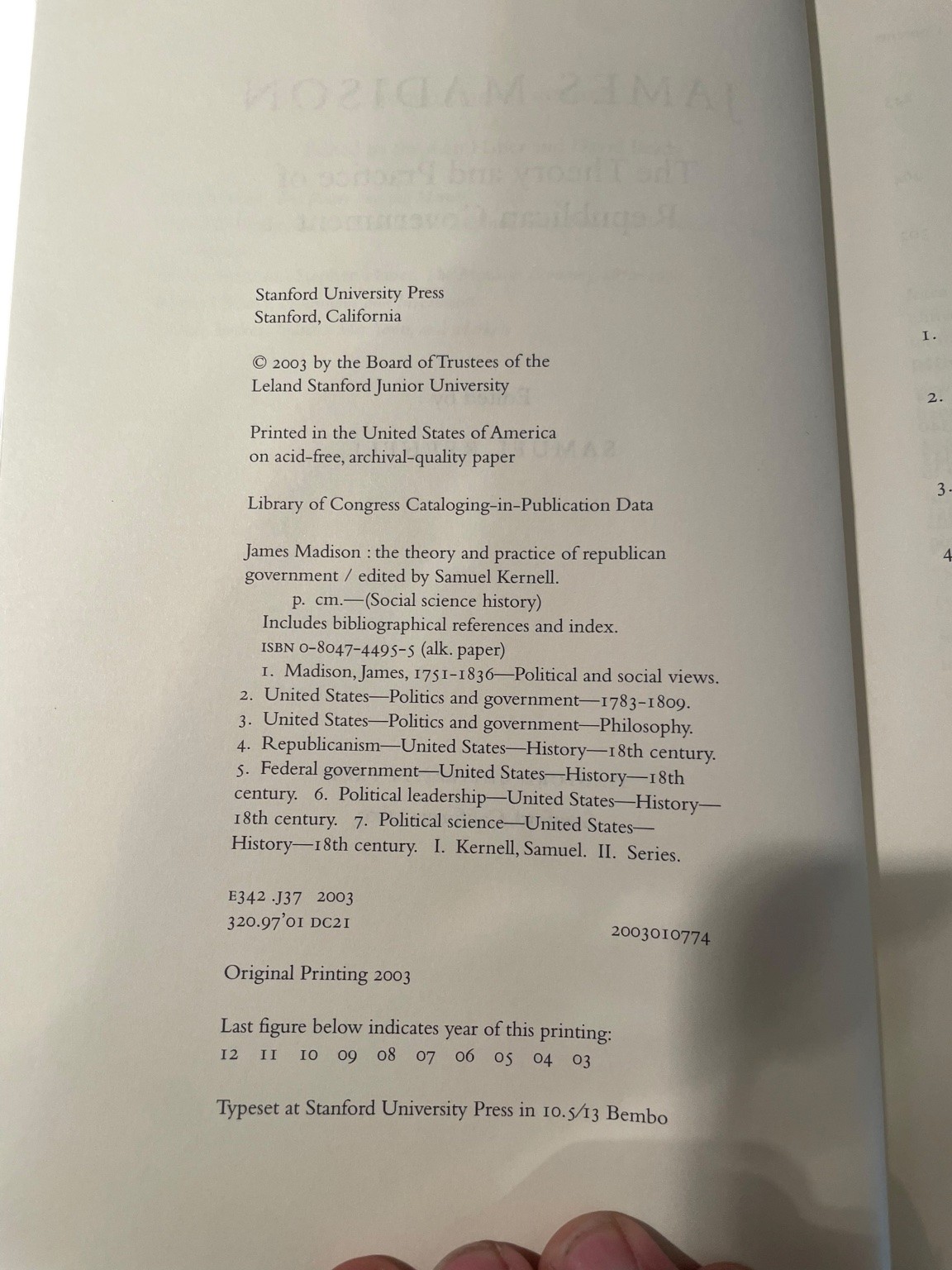 James Madison Theory & Practice Republican Gov Kernell 2003 Stanford Political