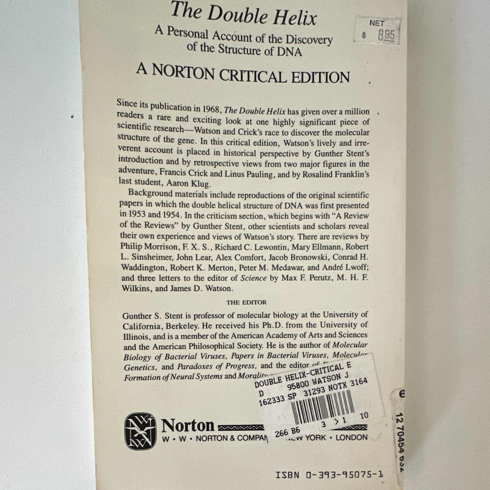 James D. Watson The Double Helix Norton Critical Edition Paperback DNA