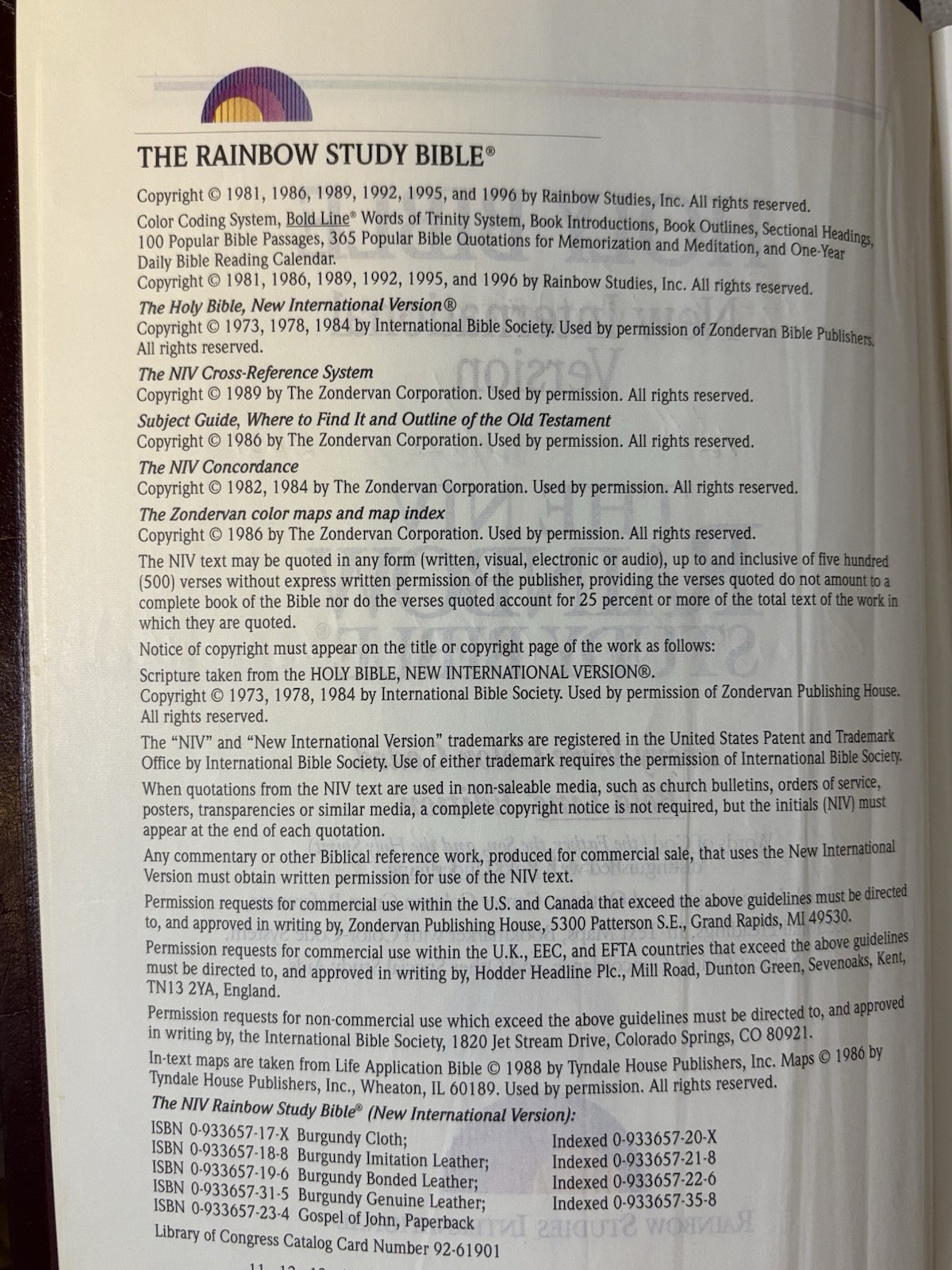 NIV Rainbow Study Bible Color Coded Bold Line 1992 Burgundy RSI Bonded Leather