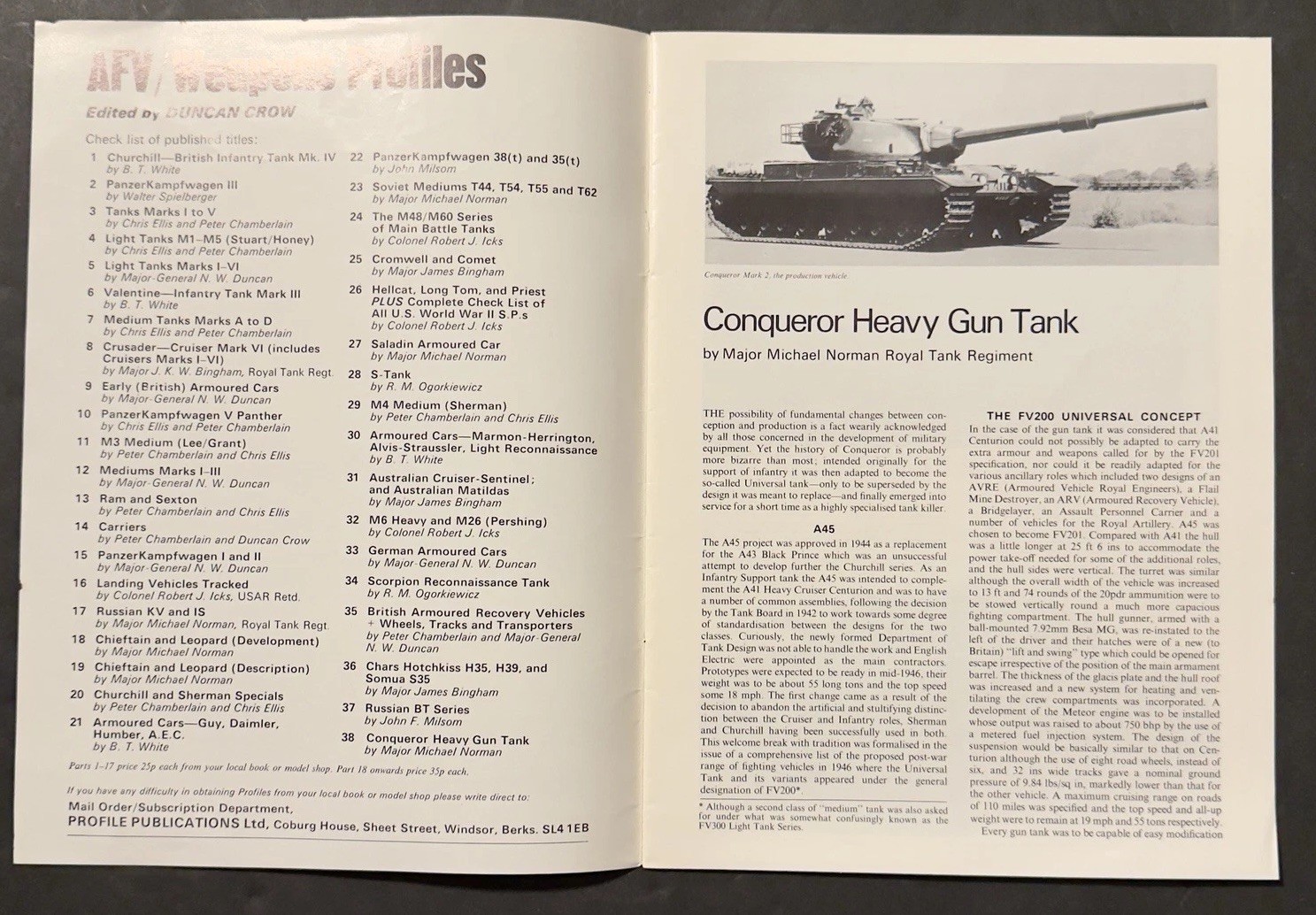 AFV Weapons Profile No. 38 Conqueror Heavy Gun Tank 1972 1st Ed. Reference-Vtg