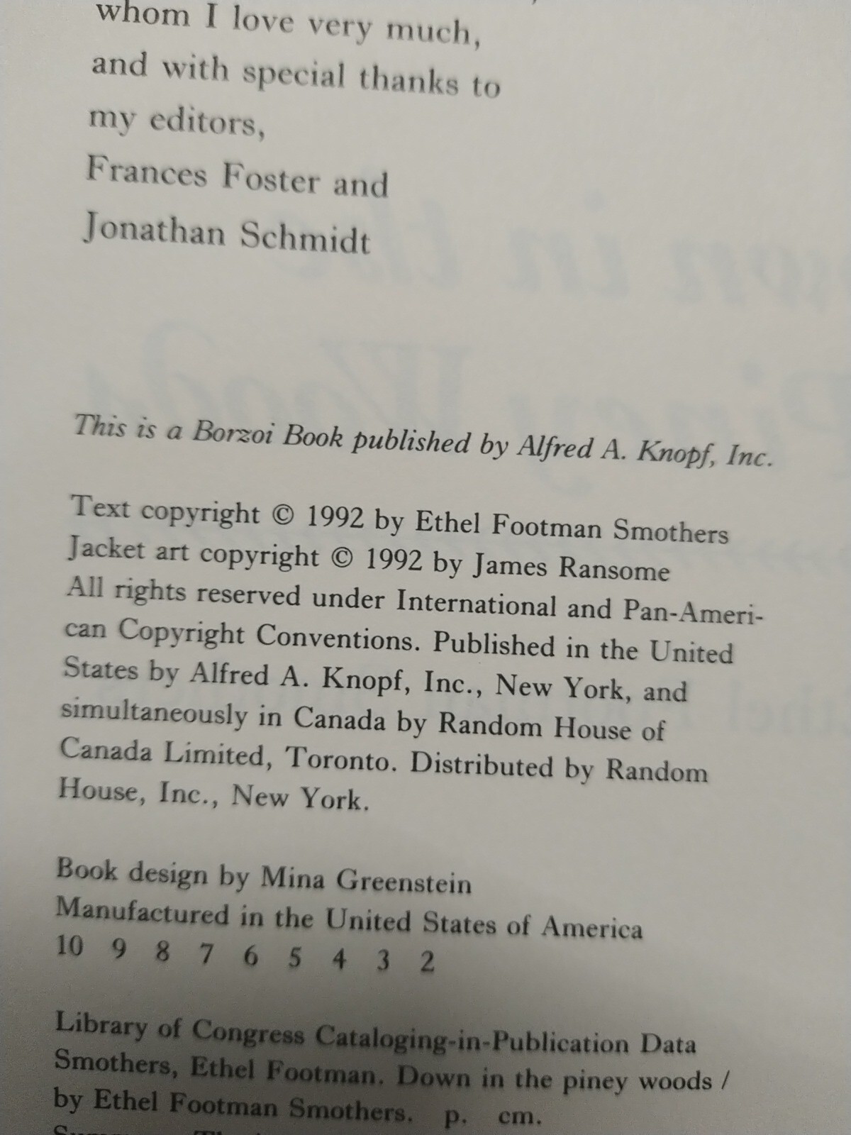 SIGNED Down in the Piney Woods by Ethel Footman Smothers 1992 early ed Autograp