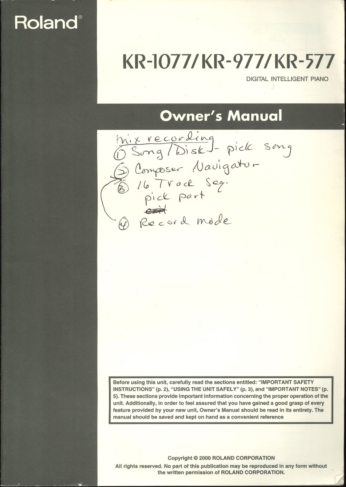 Roland KR-1077 KR-977 KR-577 Owner’s Manual: 216 pages.
