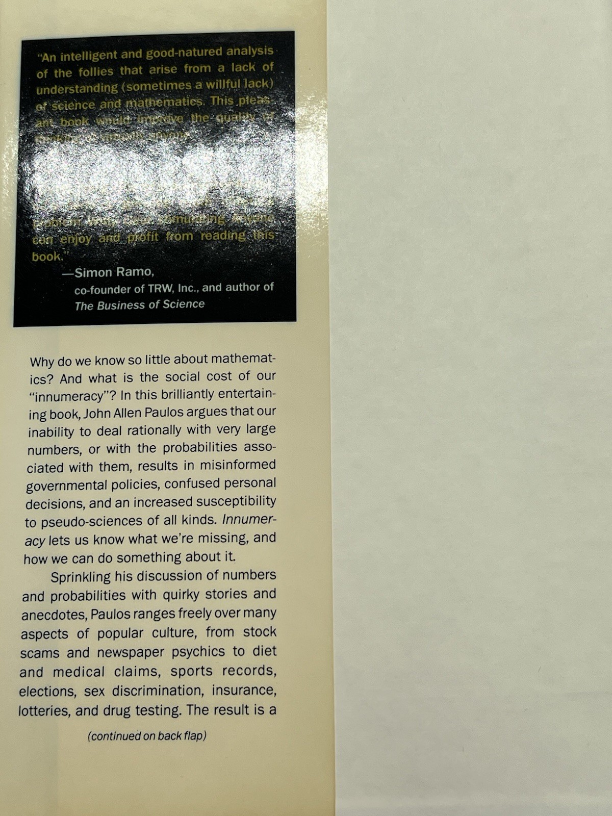INNUMERACY JOHN ALLEN PAULOS 1988; 1ST EDITION HARDCOVER BOOK MATHEMATICS MATH